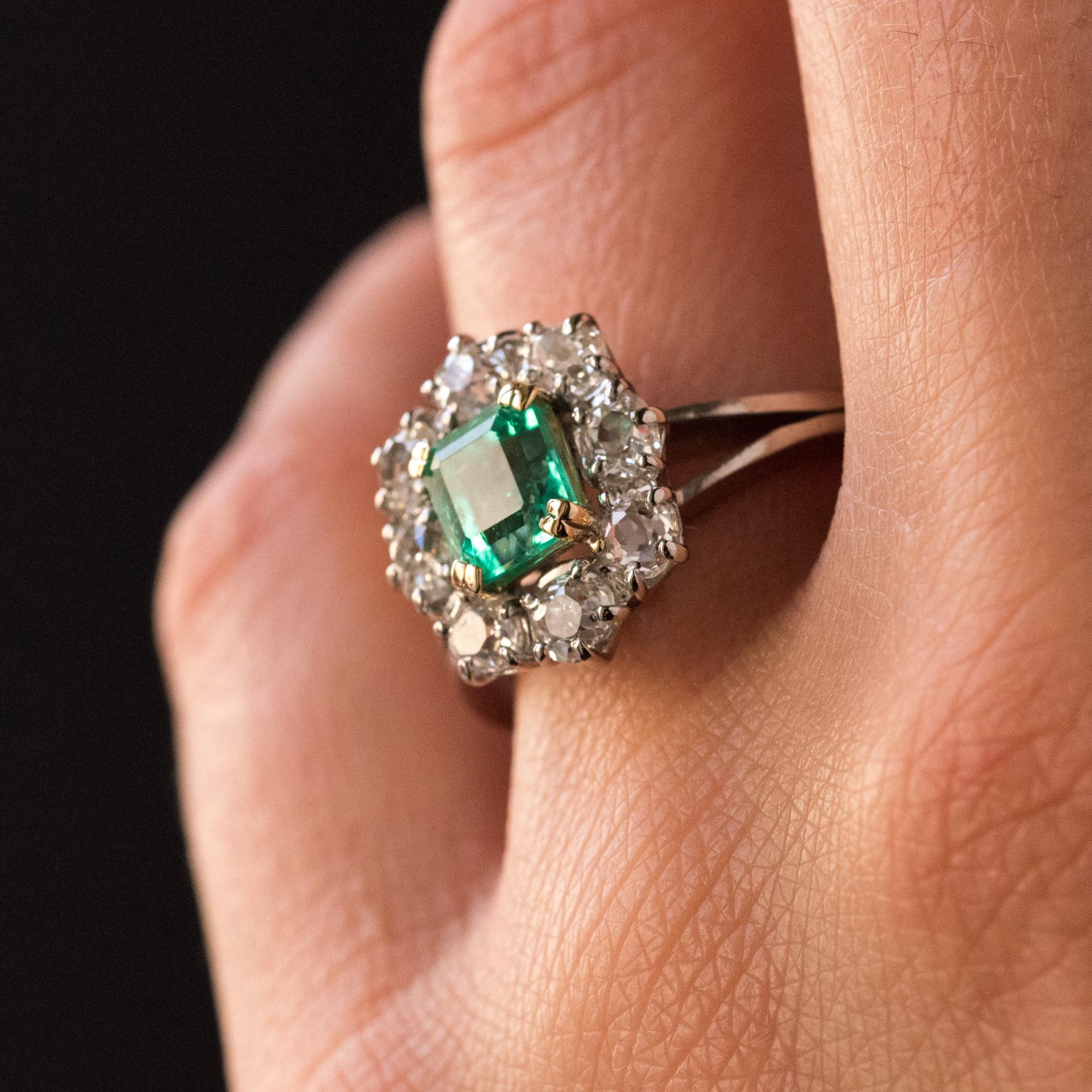 Emerald Cut French 1970s Retro Emerald Diamond 18 Karat White Gold Daisy Ring