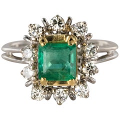 French 1970s Retro Emerald Diamond White Gold Ring