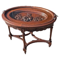 Vintage French 1970s Rosewood Carved Oval Coffee Table With Detachable Glass Tray