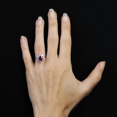 French 1970s Ruby Diamonds 18 Karat White Gold Daisy Ring