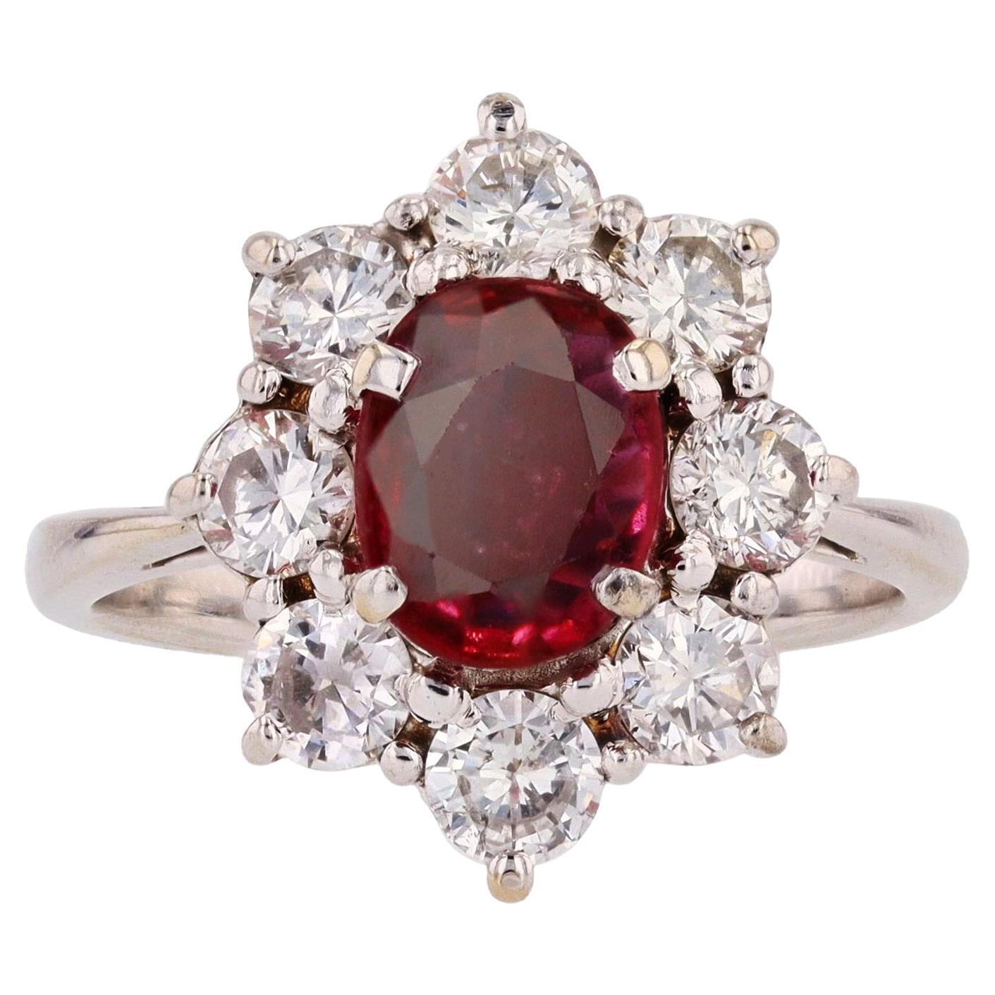 French 1970s Ruby Diamonds 18 Karat White Gold Daisy Ring For Sale
