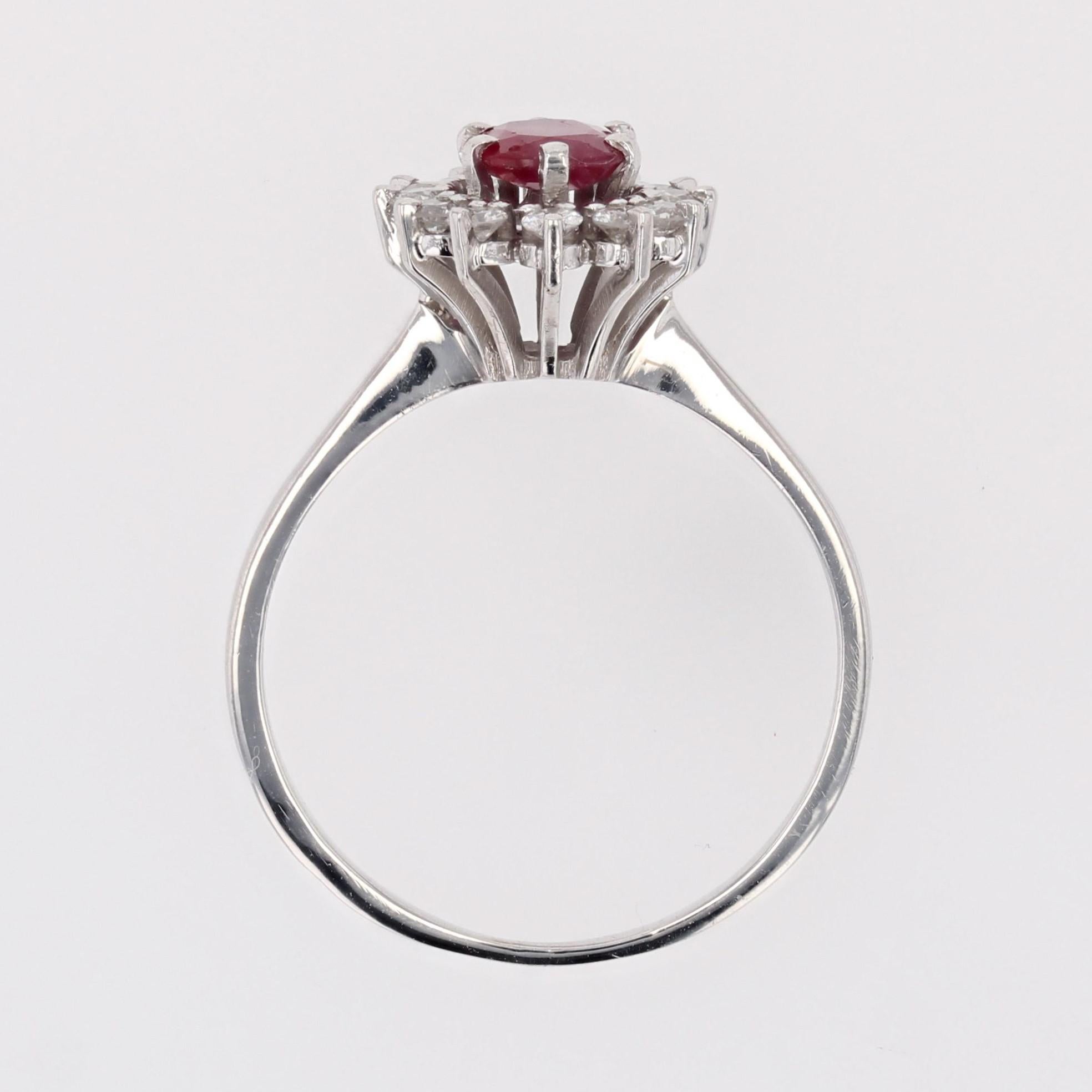 French 1970s Ruby White Sapphires 18 Karat White Gold Daisy Ring For Sale 6
