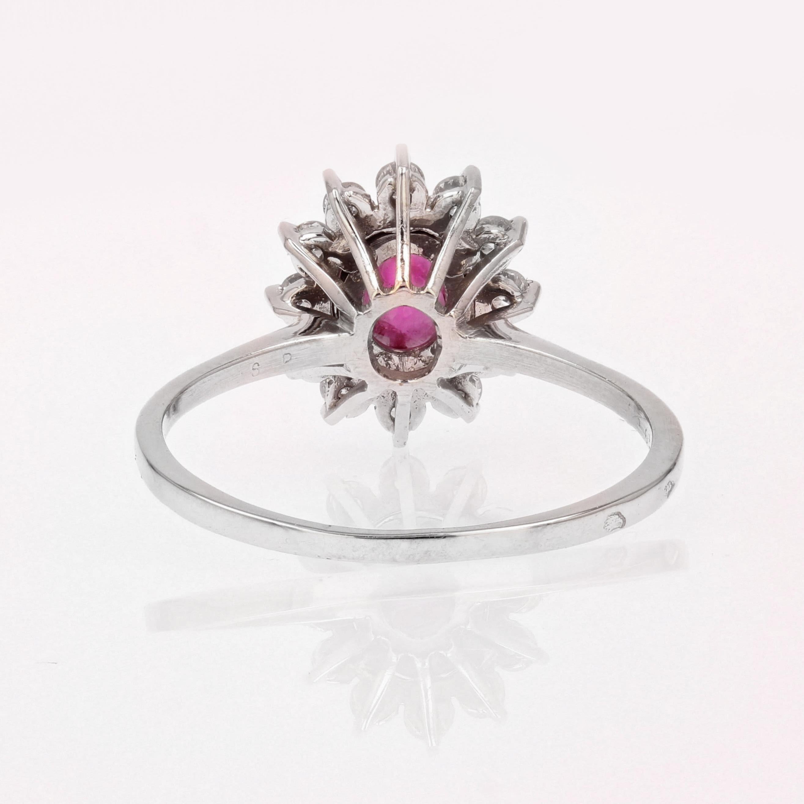 French 1970s Ruby White Sapphires 18 Karat White Gold Daisy Ring For Sale 7