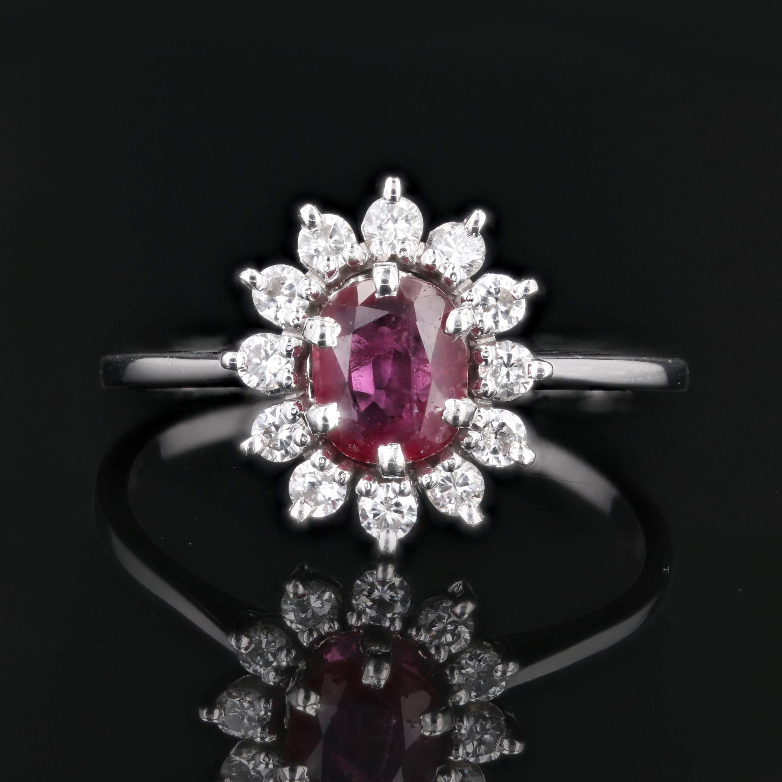Retro French 1970s Ruby White Sapphires 18 Karat White Gold Daisy Ring For Sale