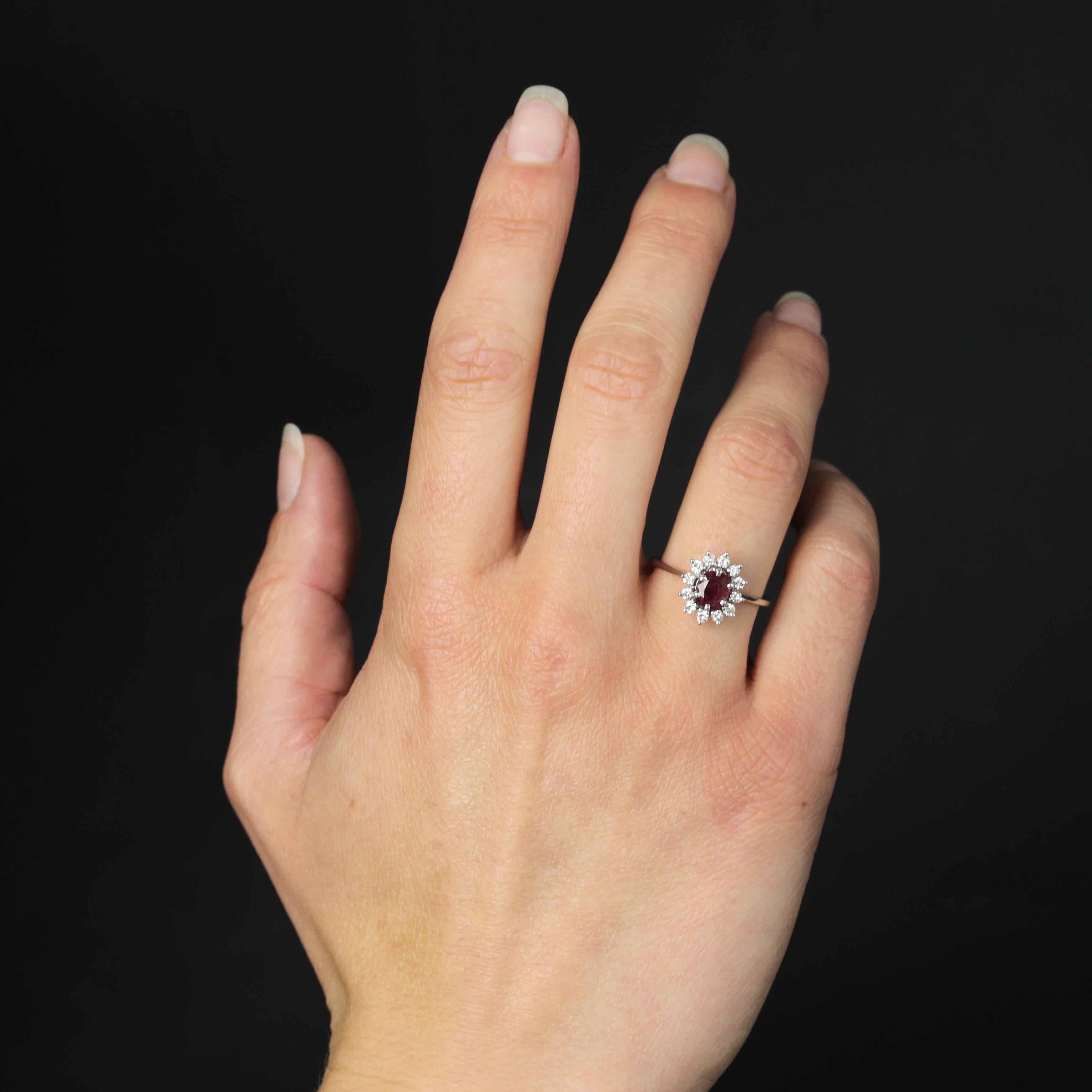 Oval Cut French 1970s Ruby White Sapphires 18 Karat White Gold Daisy Ring For Sale