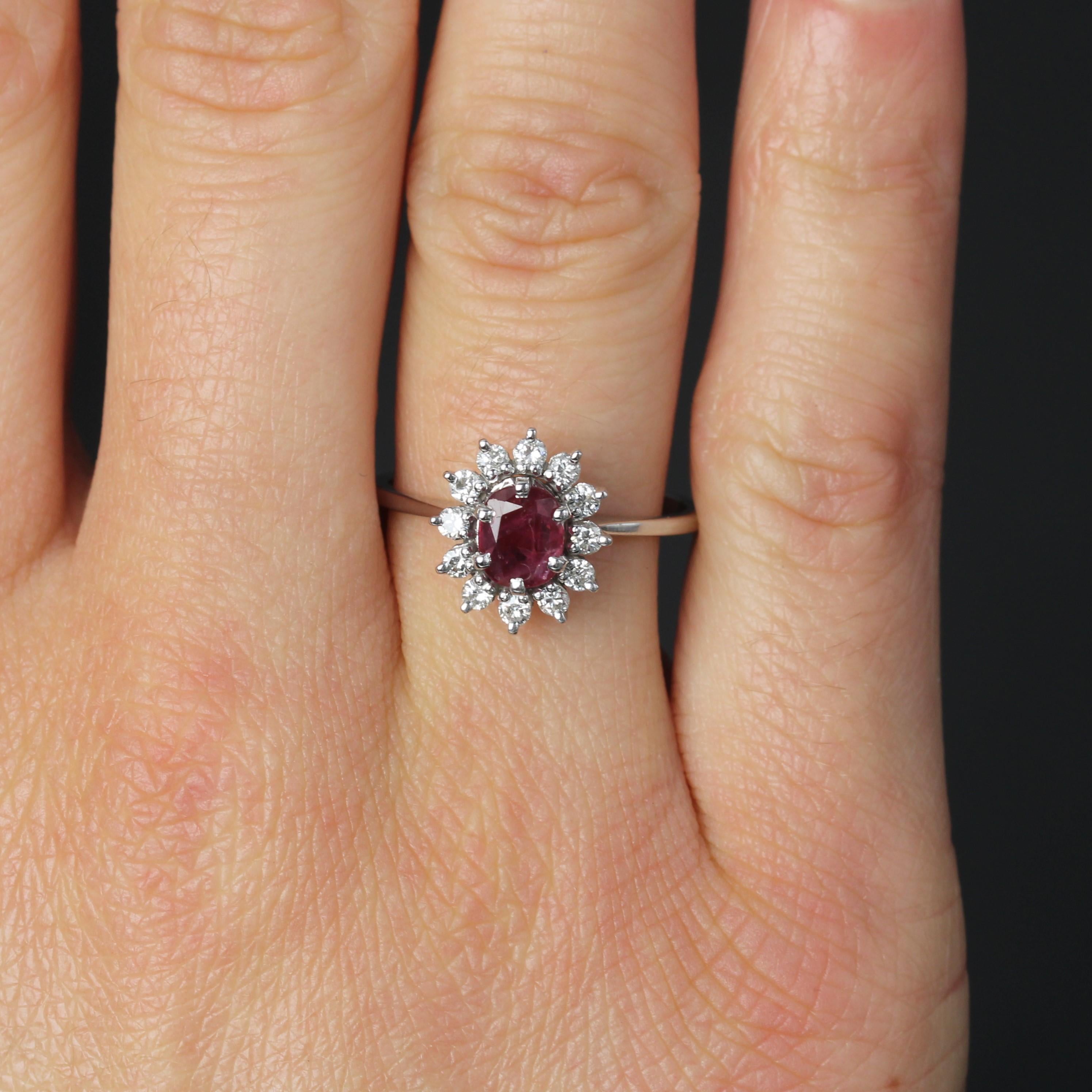 Women's French 1970s Ruby White Sapphires 18 Karat White Gold Daisy Ring For Sale