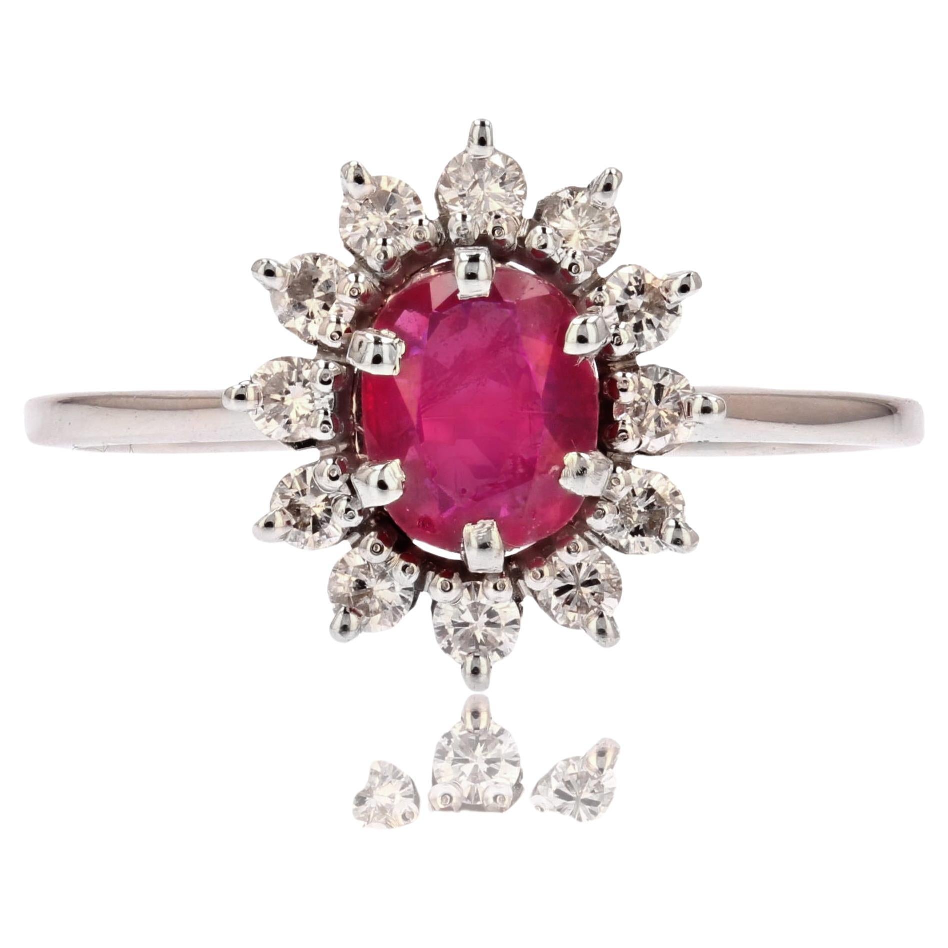 French 1970s Ruby White Sapphires 18 Karat White Gold Daisy Ring For Sale