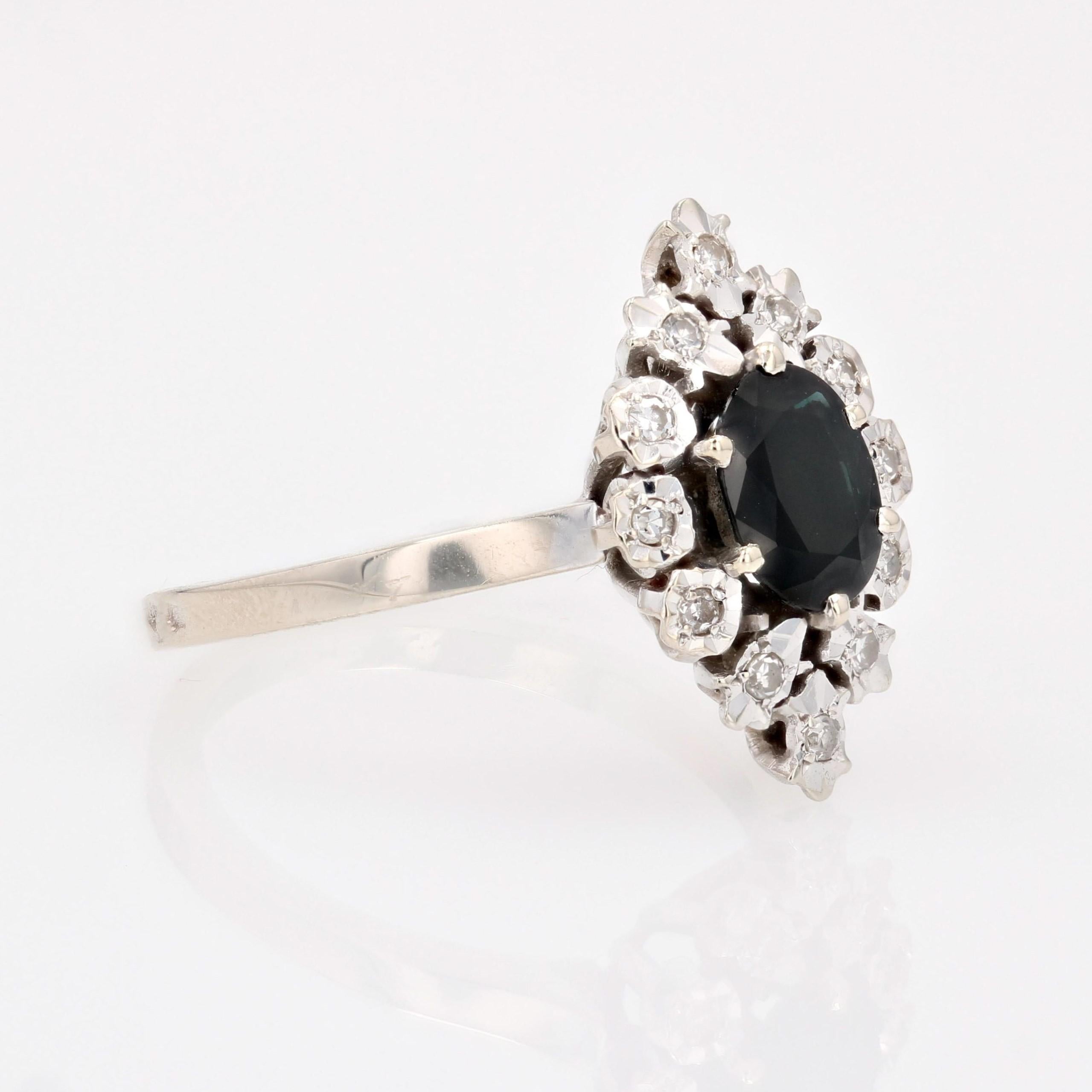 Anello francese degli anni '70 con zaffiro e diamanti in oro bianco 18 carati in vendita 5