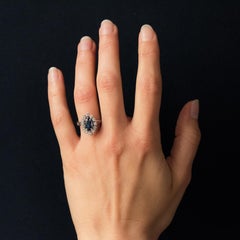 French 1970s Sapphire Diamonds 18 Karat White Gold Marquise Ring