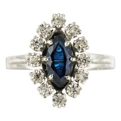 Vintage French 1970s Sapphire Diamonds 18 Karat White Gold Marquise Ring