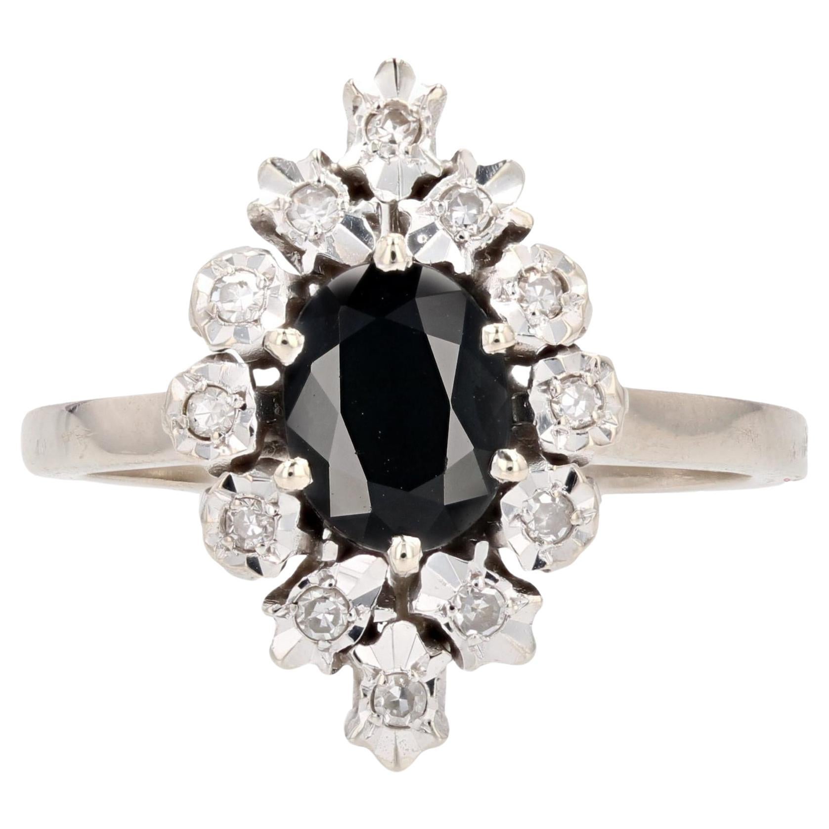French 1970s Sapphire Diamonds 18 Karat White Gold Marquise Ring
