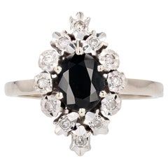 French 1970s Sapphire Diamonds 18 Karat White Gold Marquise Ring