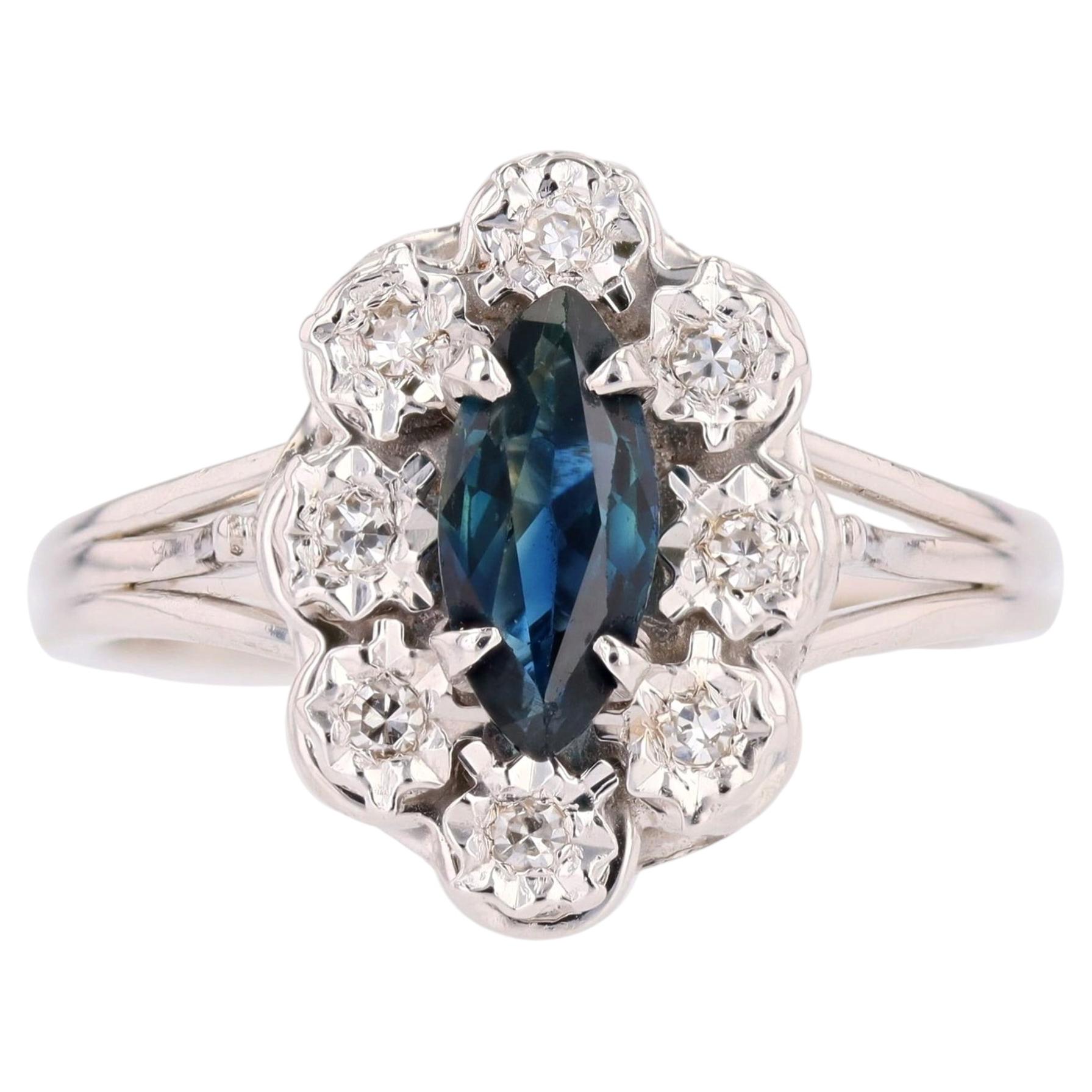 French 1970s Sapphire Diamonds 18 Karat White Gold Marquise Ring