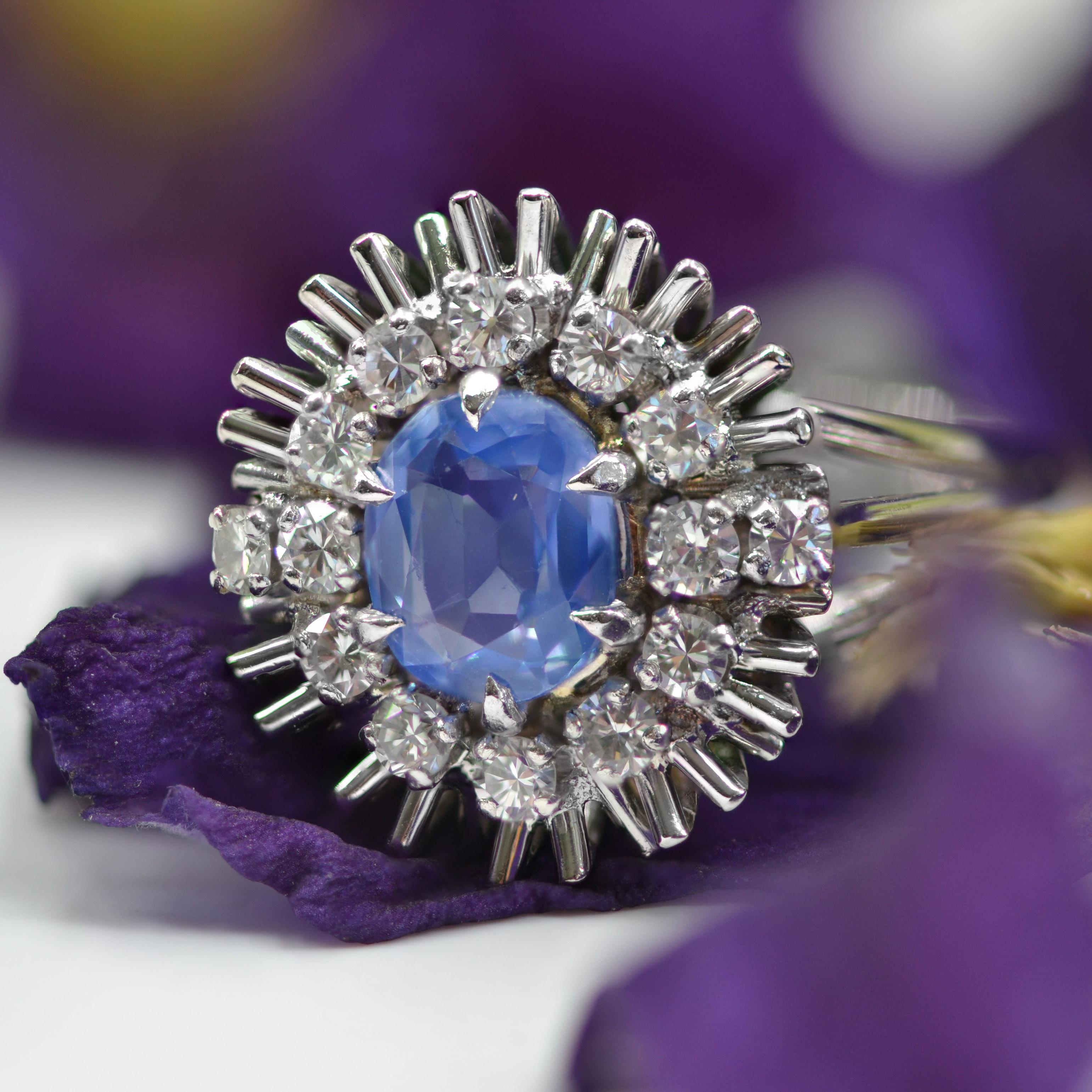 French 1970s Sapphire Diamonds 18 Karat White Gold Radiant Retro Ring 5