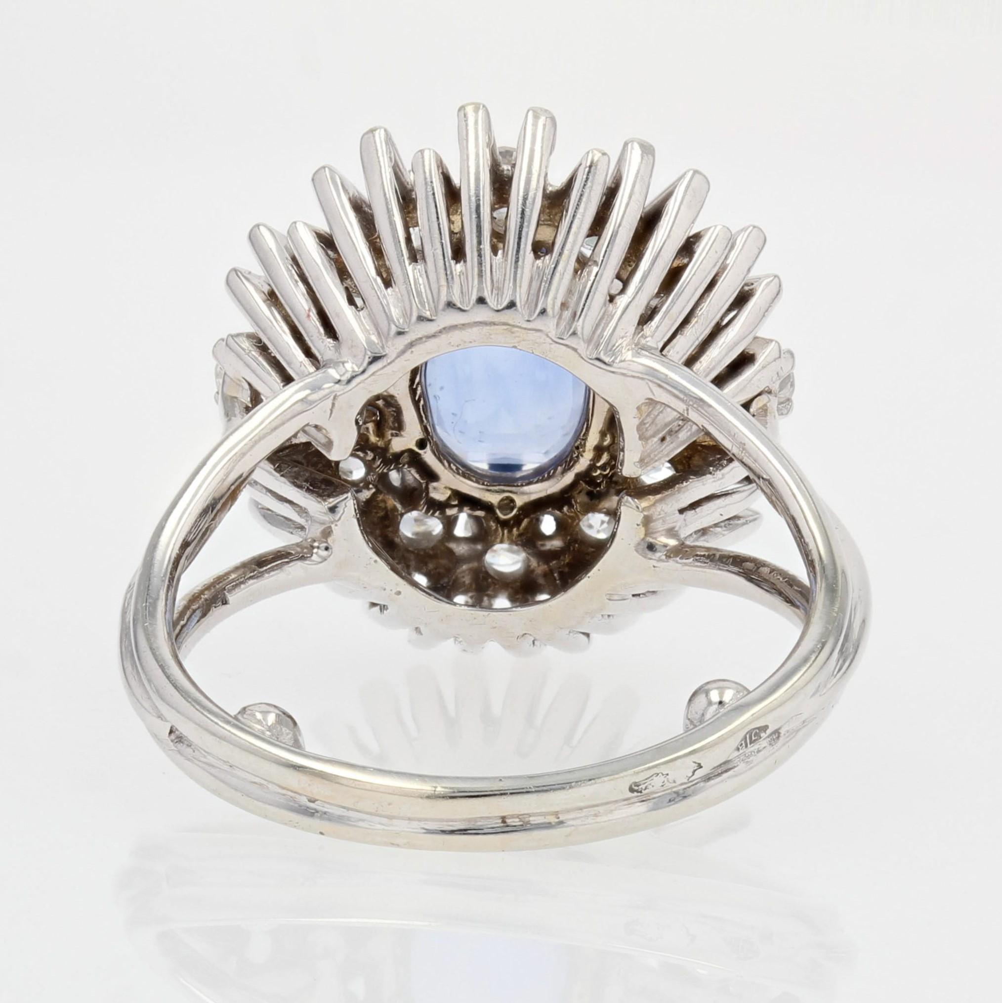 French 1970s Sapphire Diamonds 18 Karat White Gold Radiant Retro Ring 6