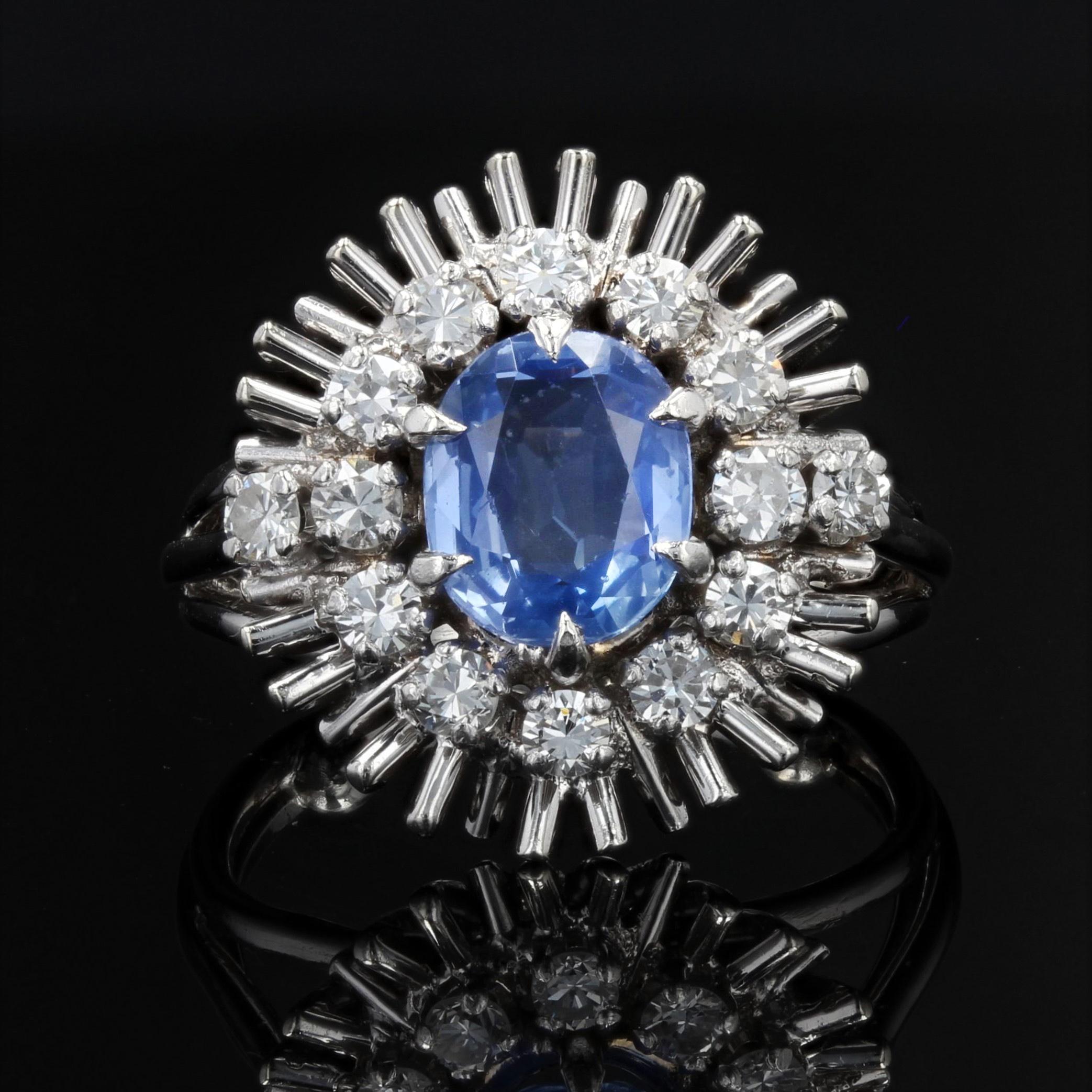 Cushion Cut French 1970s Sapphire Diamonds 18 Karat White Gold Radiant Retro Ring