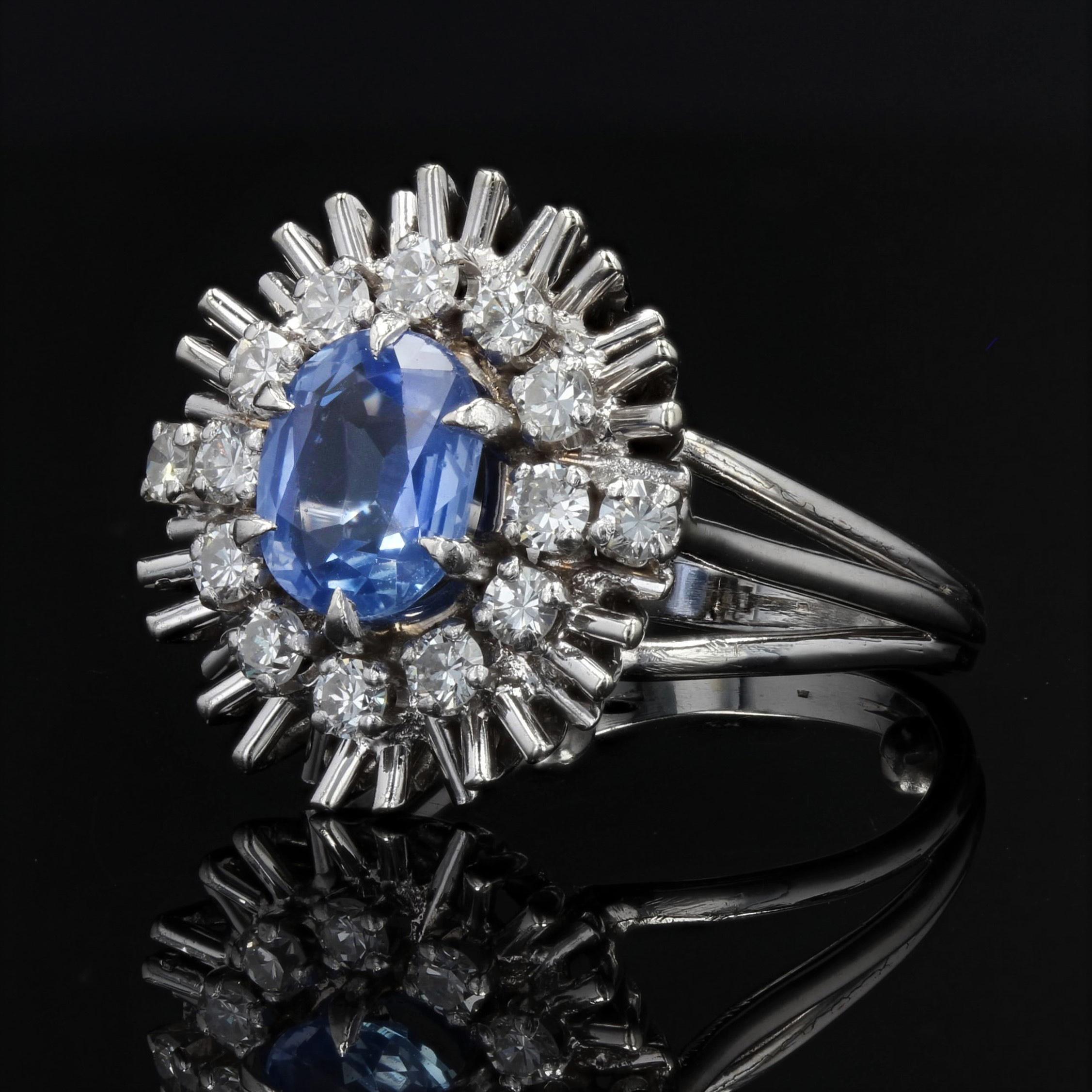 Women's French 1970s Sapphire Diamonds 18 Karat White Gold Radiant Retro Ring