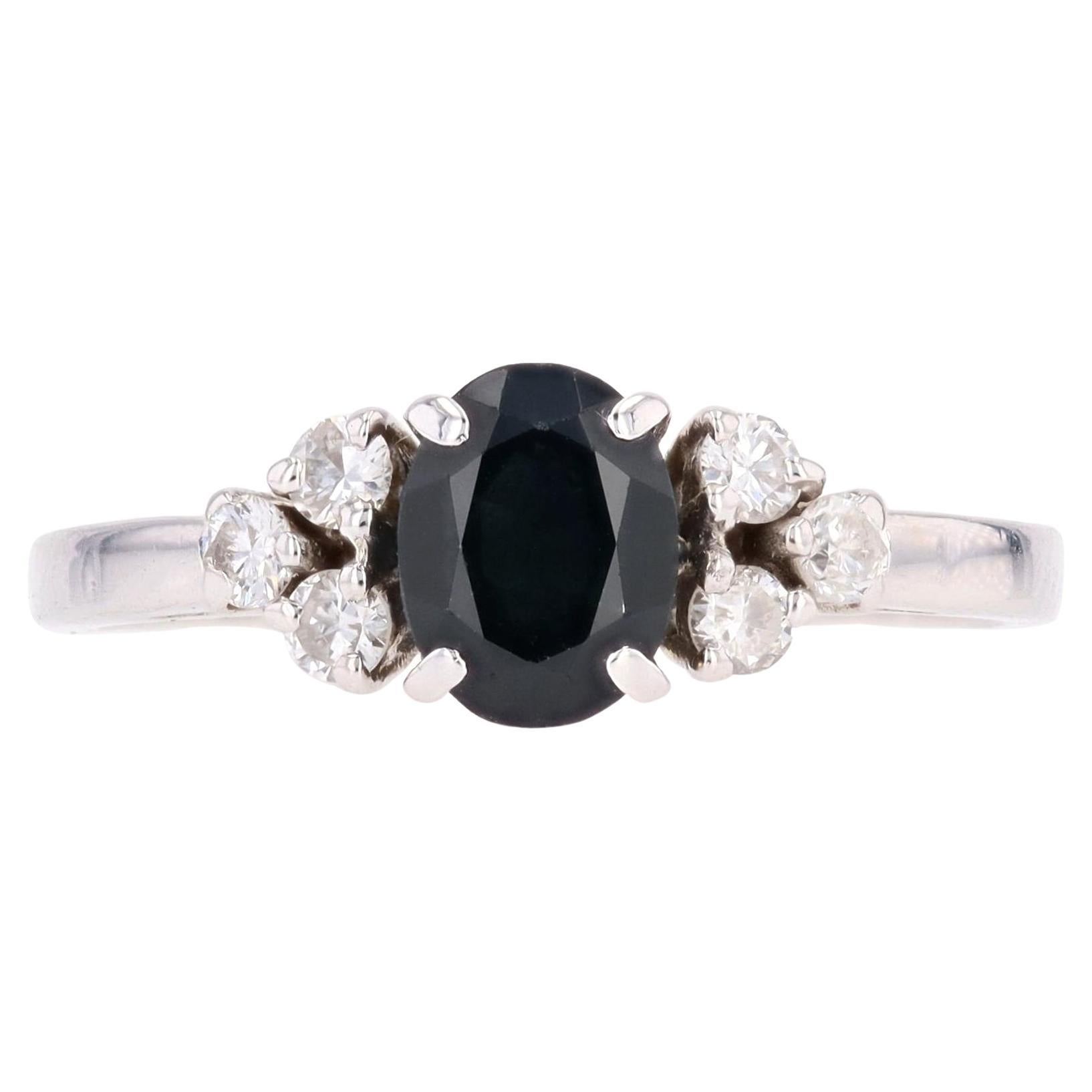 French 1970s Sapphire Diamonds 18 Karat White Gold Ring