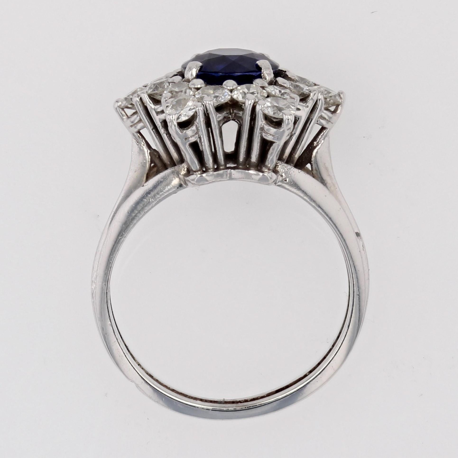 French 1970s Sapphire Diamonds 18 Karat White Gold Snowflake Ring For Sale 5