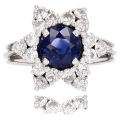 Vintage French 1970s Sapphire Diamonds 18 Karat White Gold Snowflake Ring