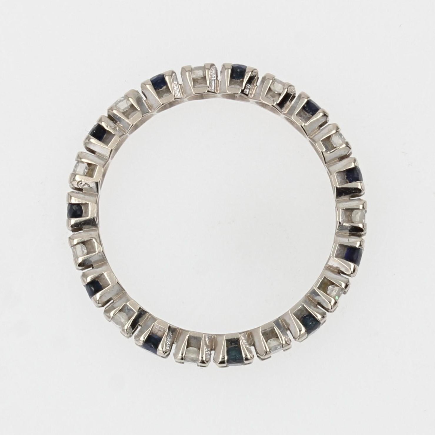 French 1970s Sapphire Diamonds 18 Karat White Gold Weding Ring 3