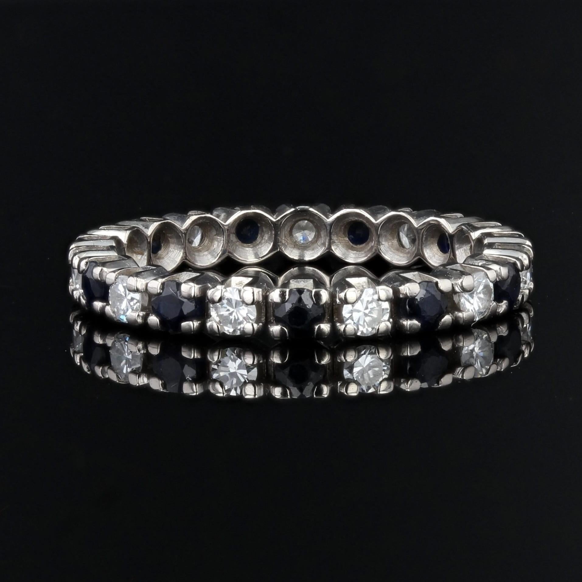 Retro French 1970s Sapphire Diamonds 18 Karat White Gold Weding Ring