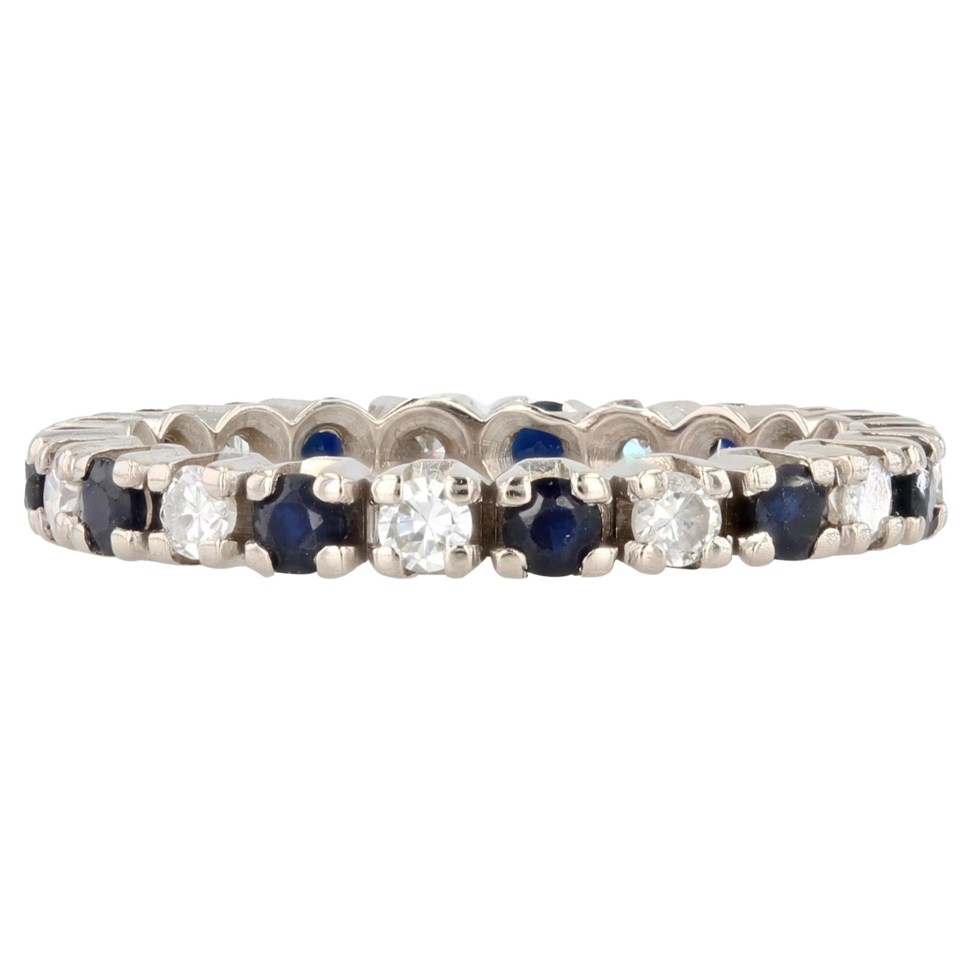 French 1970s Sapphire Diamonds 18 Karat White Gold Weding Ring
