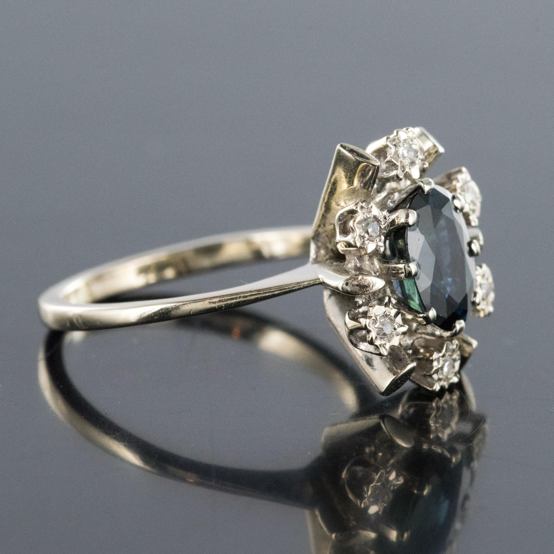 French 1970s Sapphire Diamonds White Gold Ring 5
