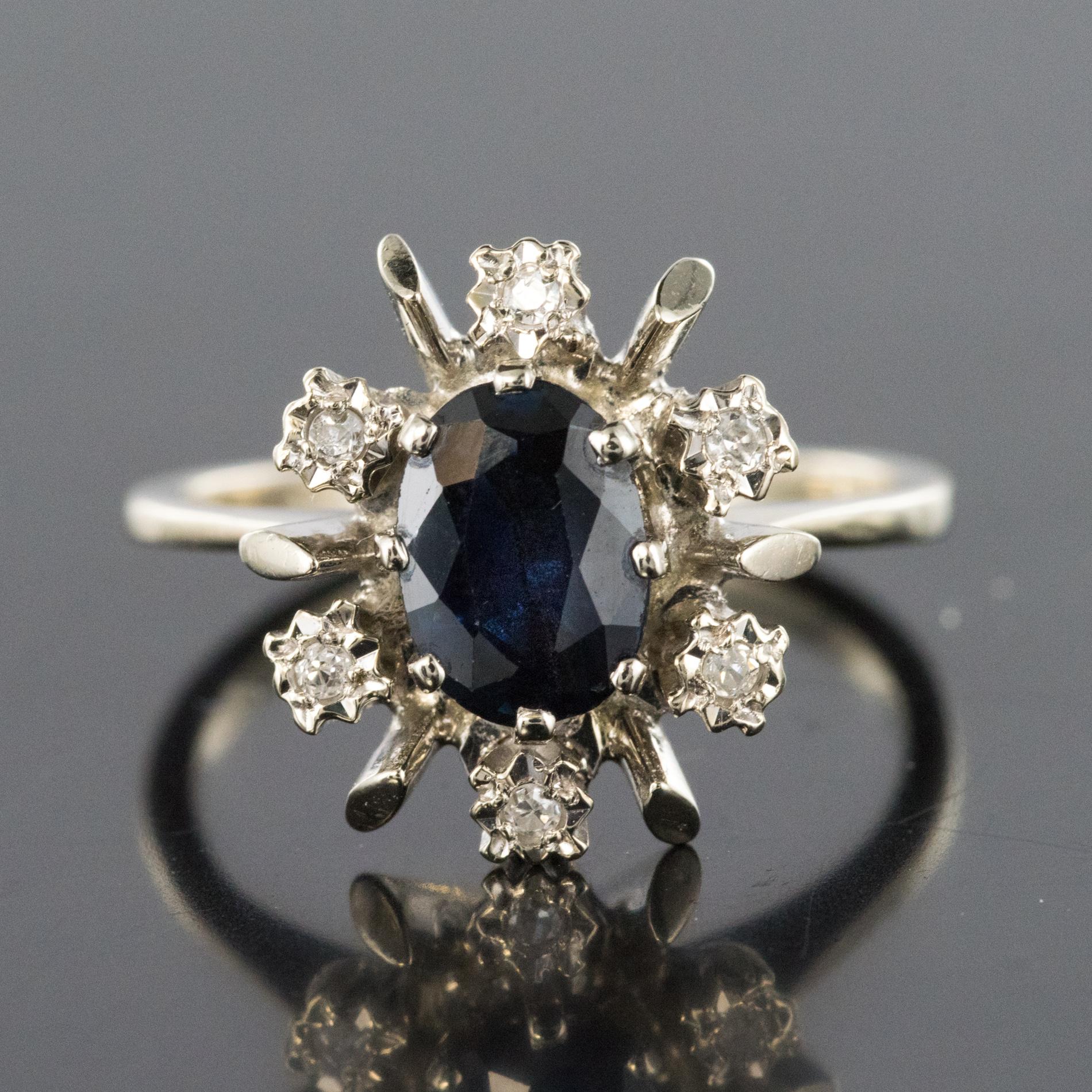 French 1970s Sapphire Diamonds White Gold Ring 6