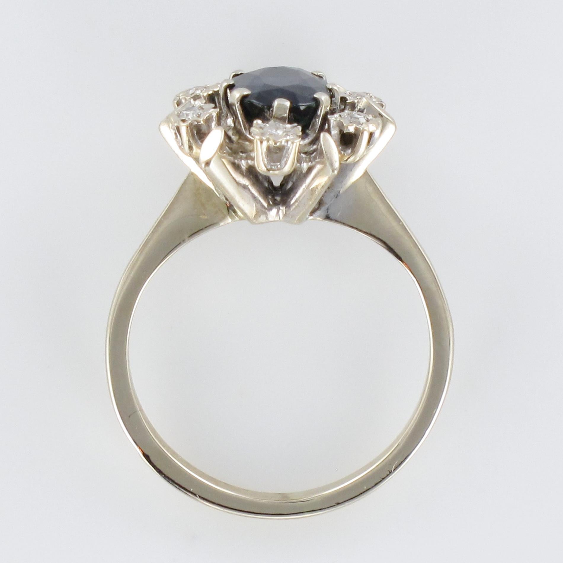 French 1970s Sapphire Diamonds White Gold Ring 7
