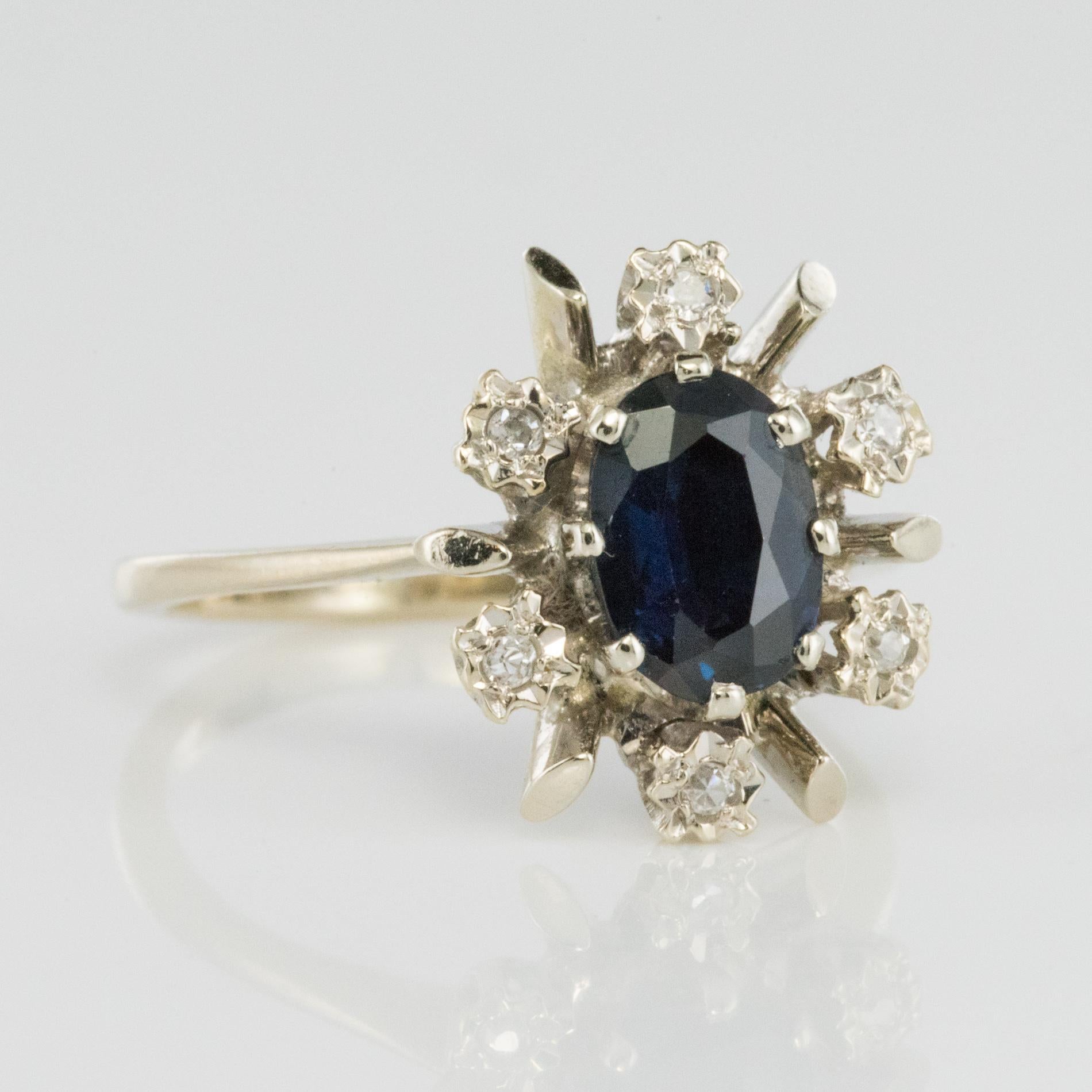 French 1970s Sapphire Diamonds White Gold Ring 2