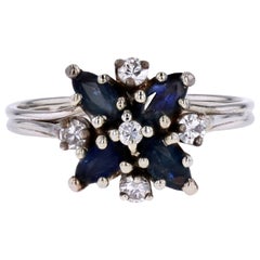 French 1970s Sapphires Diamonds 18 Karat White Gold Snowflake Ring