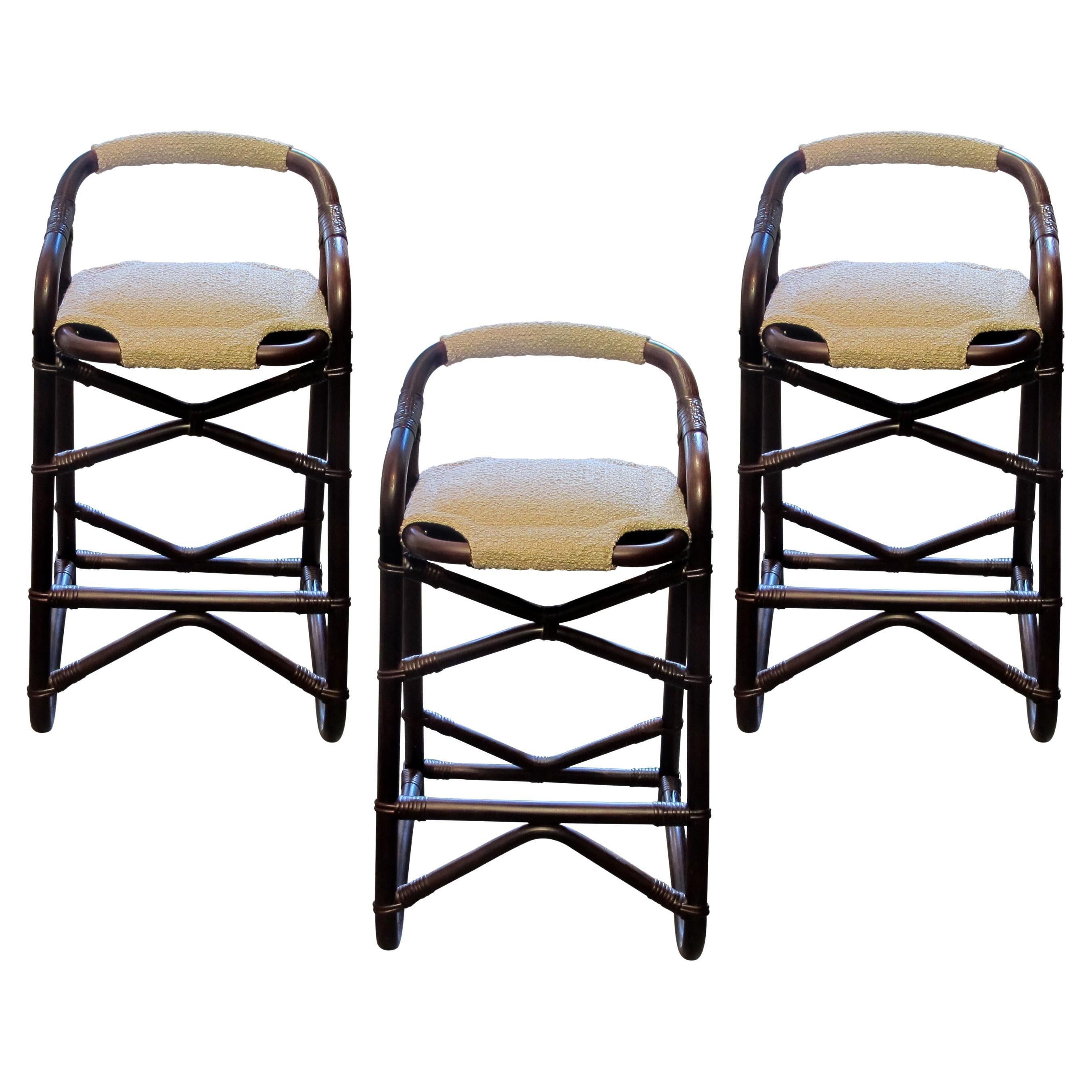 French 1970s Set of Three French Riviera Bamboo Bar Stools