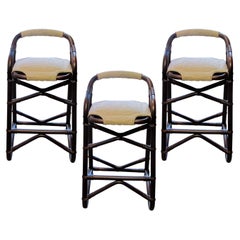 French 1970s Set of Three French Riviera Bamboo Bar Stools