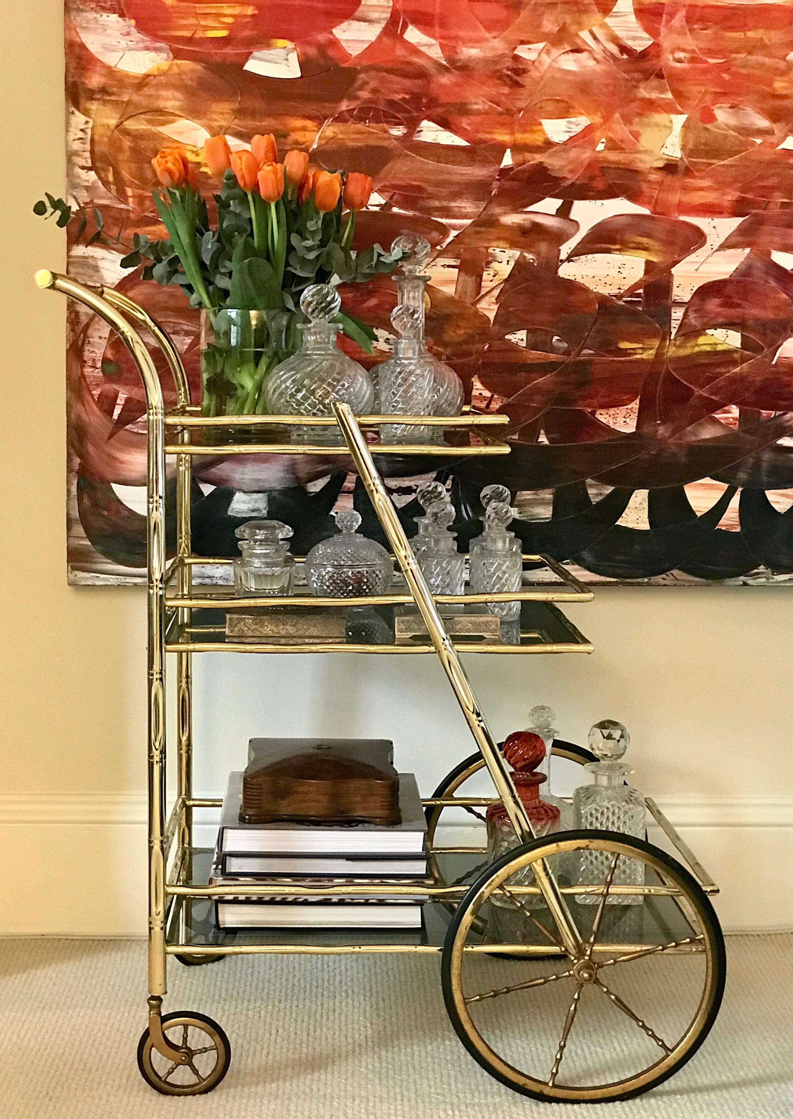 French 1970's Simulated Bamboo Brass Drinks Trolley / Bar Cart For Sale 5