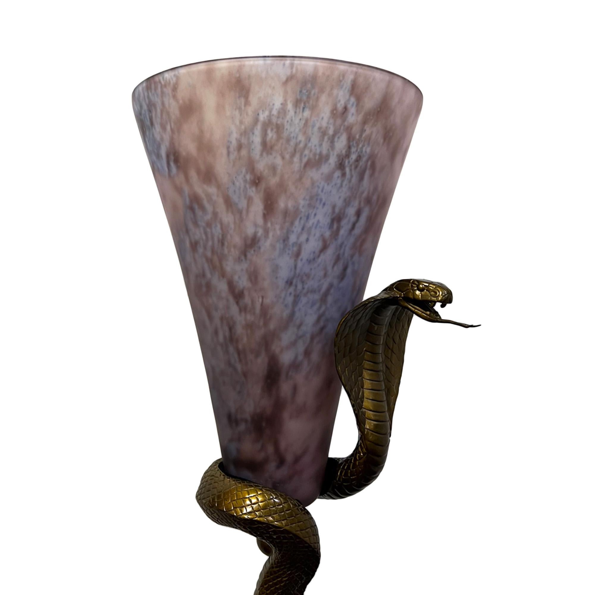 Hand-Crafted French 1970s Snake Table Lamp with Original Shade, After Edgar Brandt