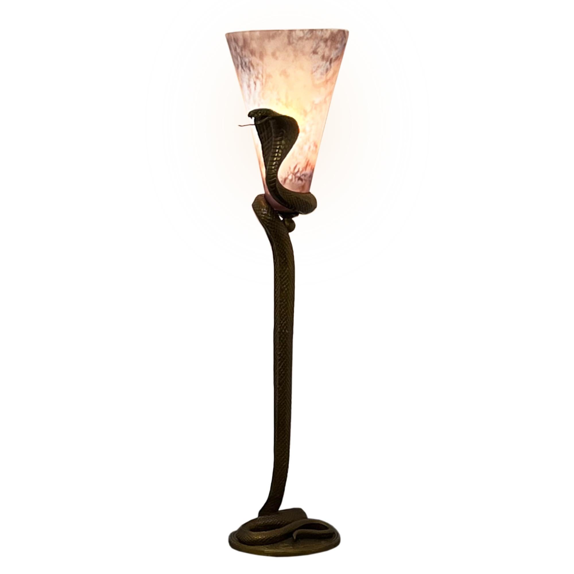 French 1970s Snake Table Lamp with Original Shade, After Edgar Brandt In Good Condition In London, GB