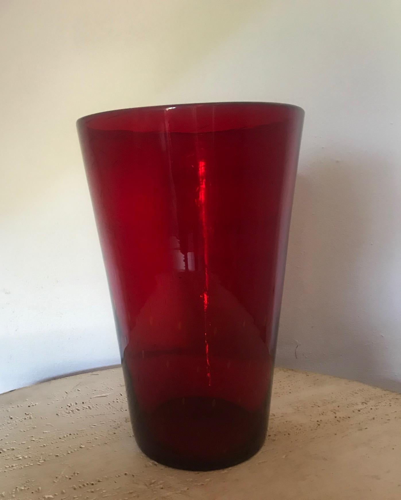 A very tall French 1950s red bubble vase possibly Biot.