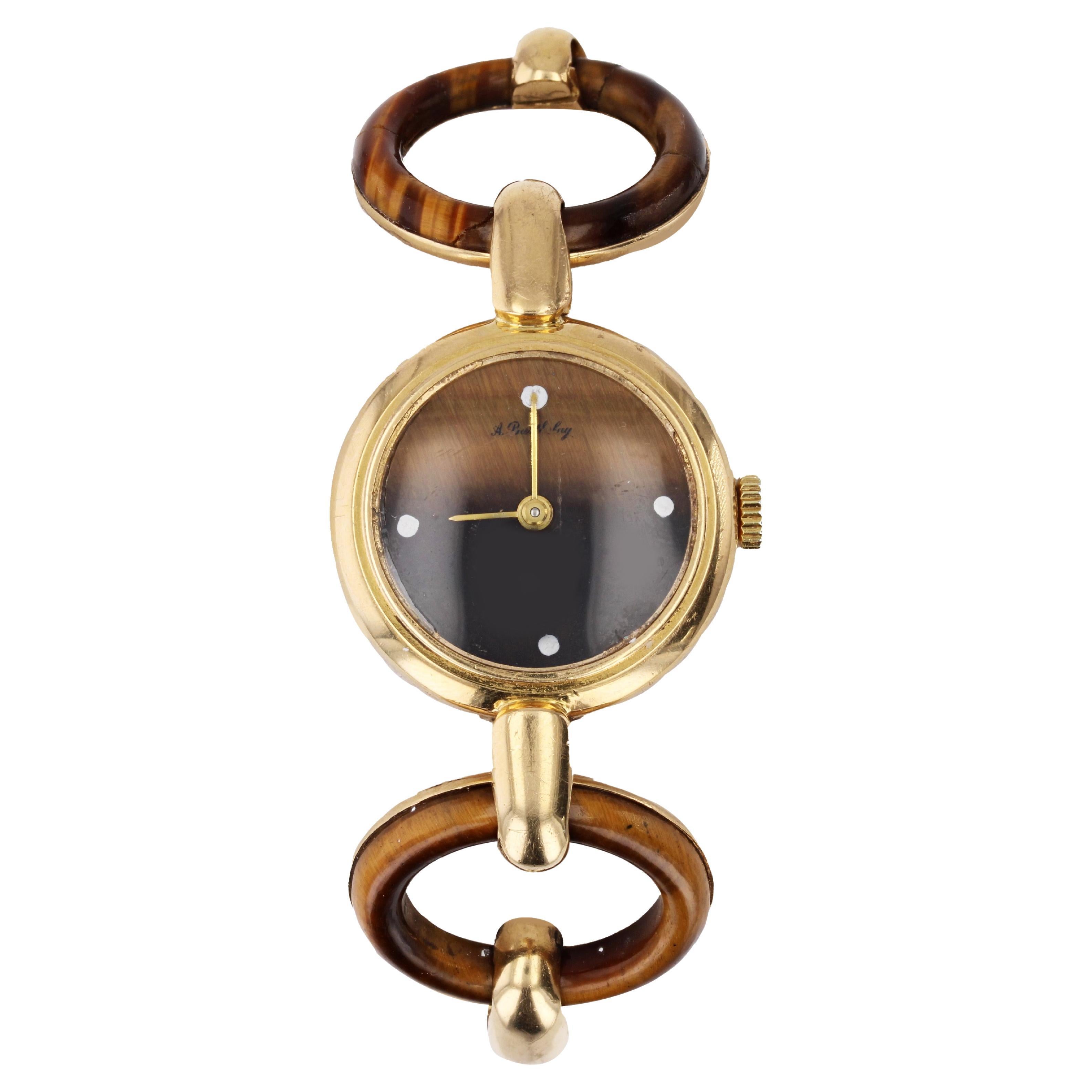 Reloj de mujer francés de los años 70 de oro amarillo de 18 quilates con ojo de tigre en venta