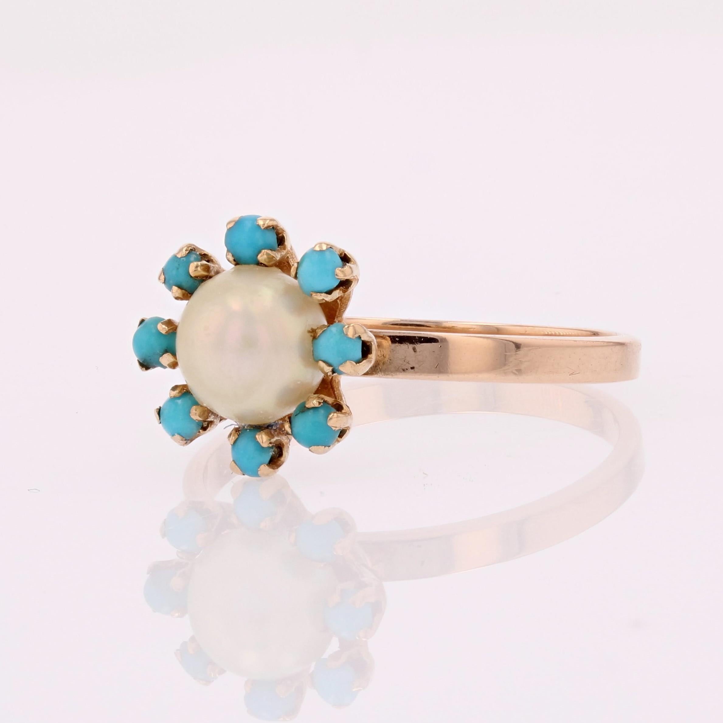 Retro French 1970s Turquoise Pearls Cultured Pearl 18 Karat Rose Gold Ring