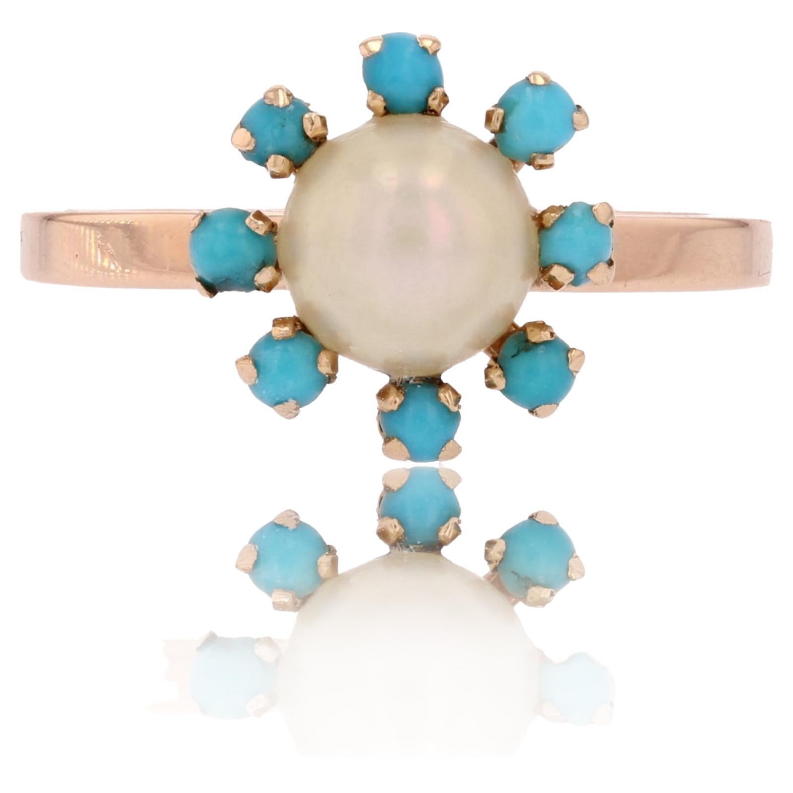 French 1970s Turquoise Pearls Cultured Pearl 18 Karat Rose Gold Ring