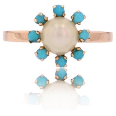 French 1970s Turquoise Pearls Cultured Pearl 18 Karat Rose Gold Ring