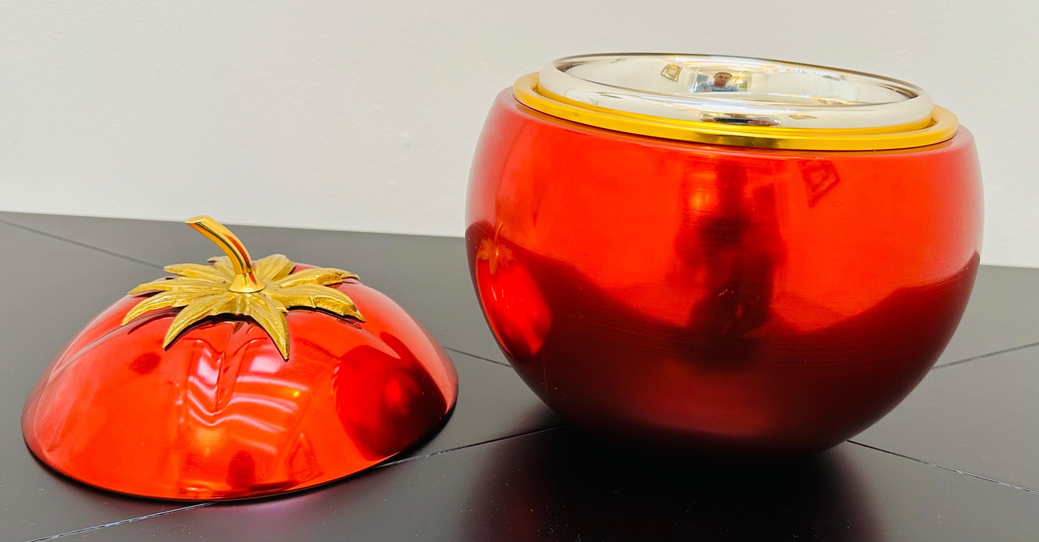 French 1970s Vibrant Red Anodised Aluminium & Brass Tomato Shaped Ice Bucket 4