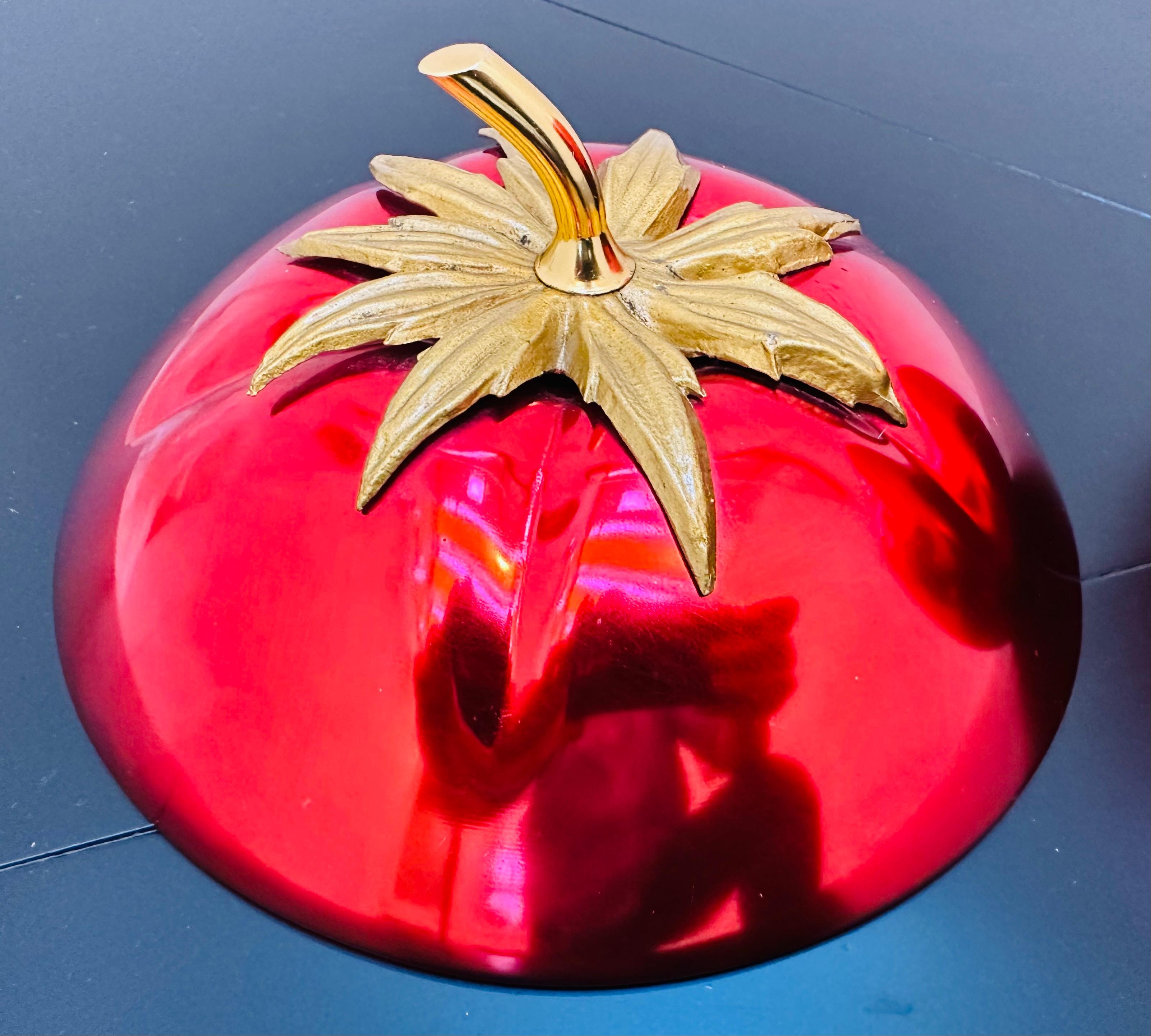 French 1970s Vibrant Red Anodised Aluminium & Brass Tomato Shaped Ice Bucket 7