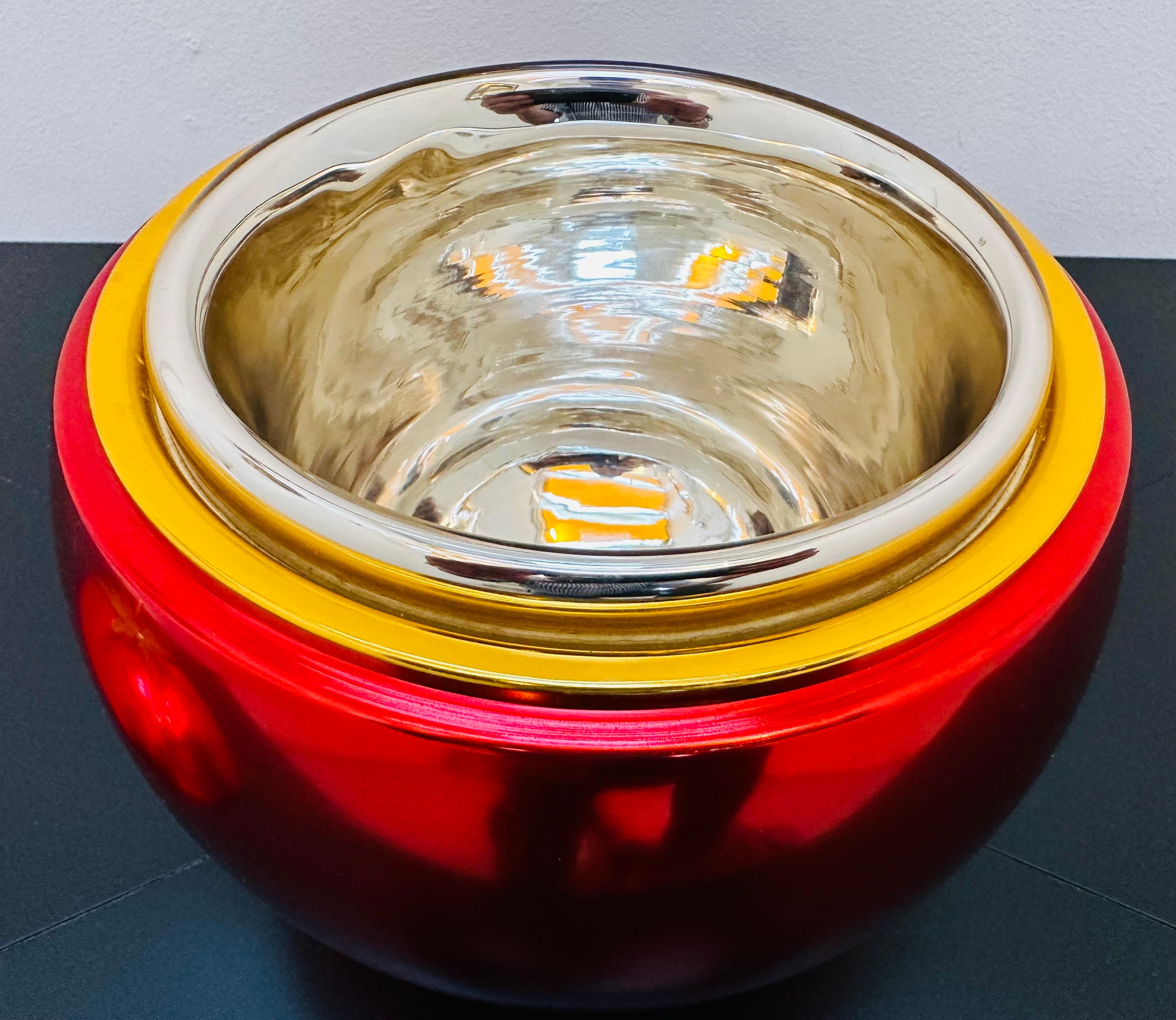 French 1970s Vibrant Red Anodised Aluminium & Brass Tomato Shaped Ice Bucket 8
