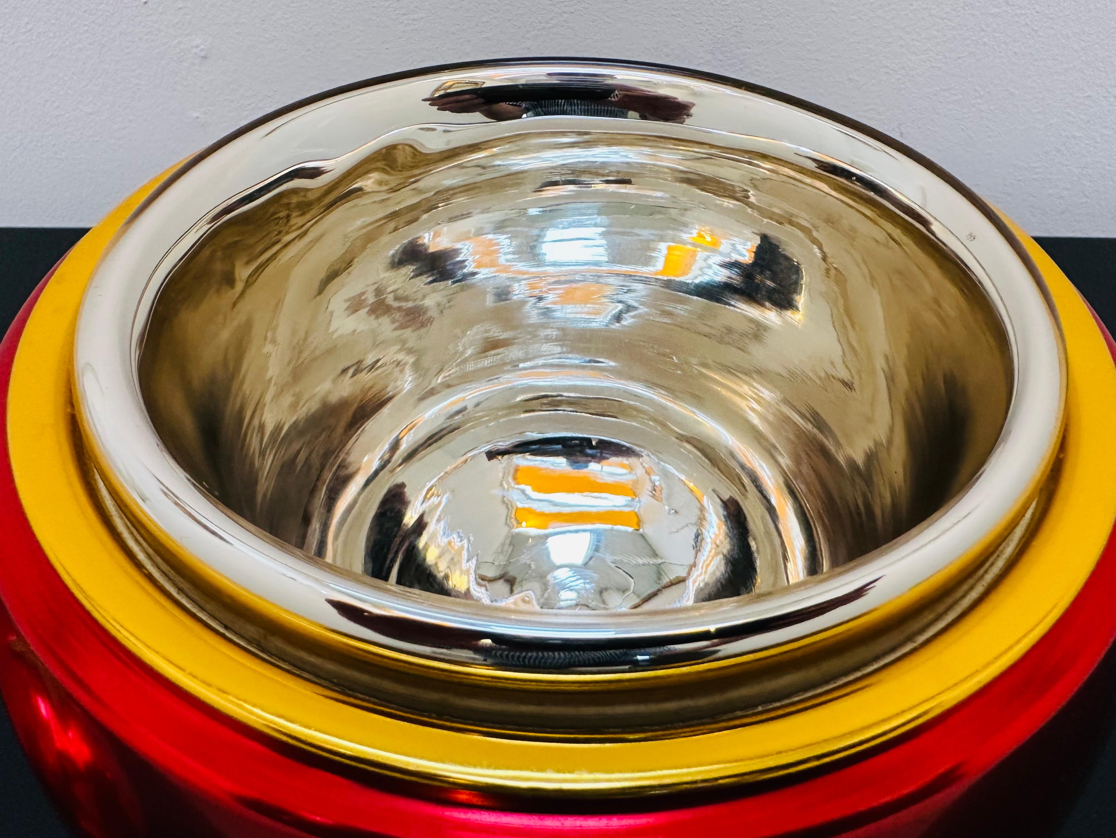 French 1970s Vibrant Red Anodised Aluminium & Brass Tomato Shaped Ice Bucket 9