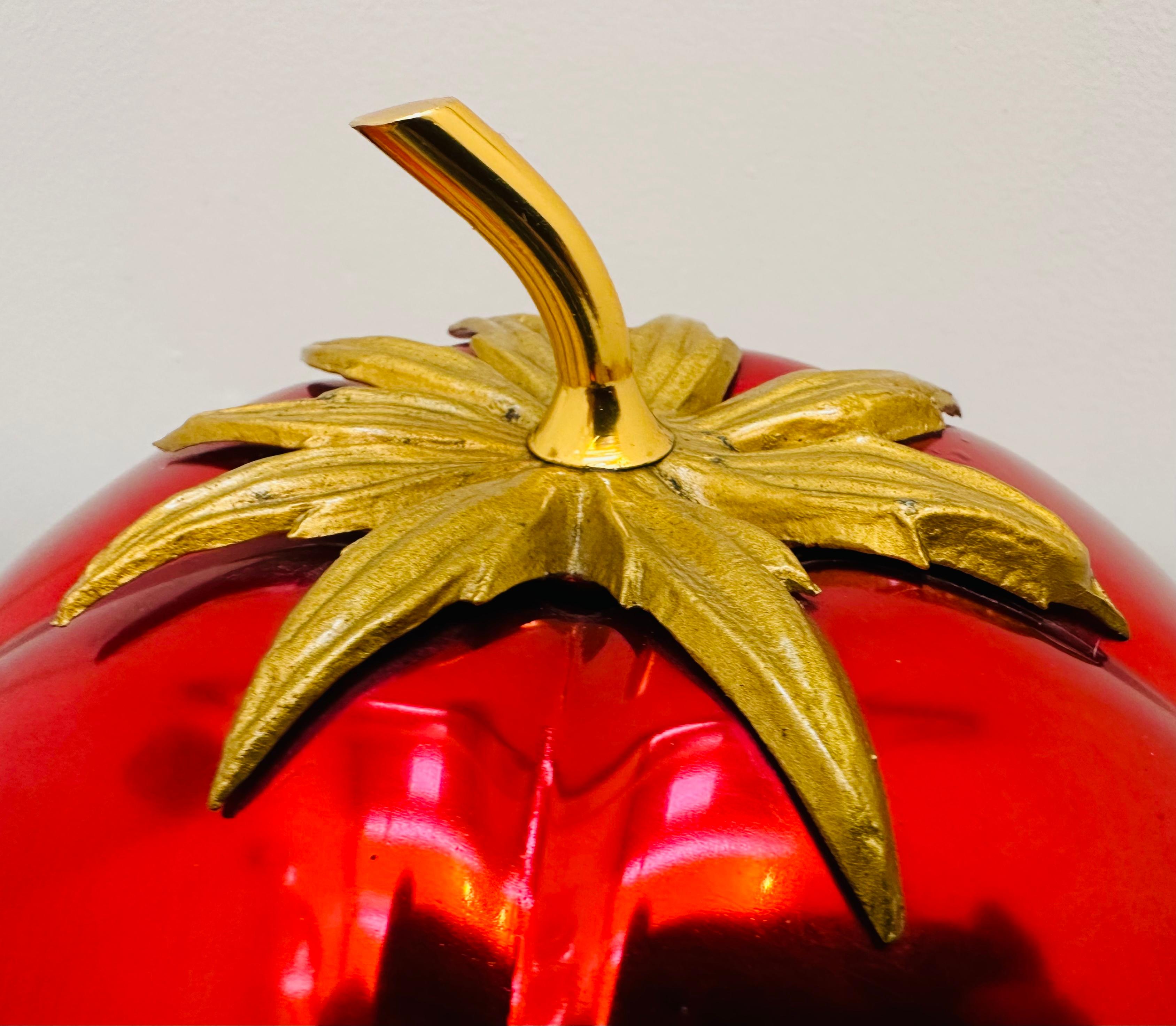 French 1970s Vibrant Red Anodised Aluminium & Brass Tomato Shaped Ice Bucket 10