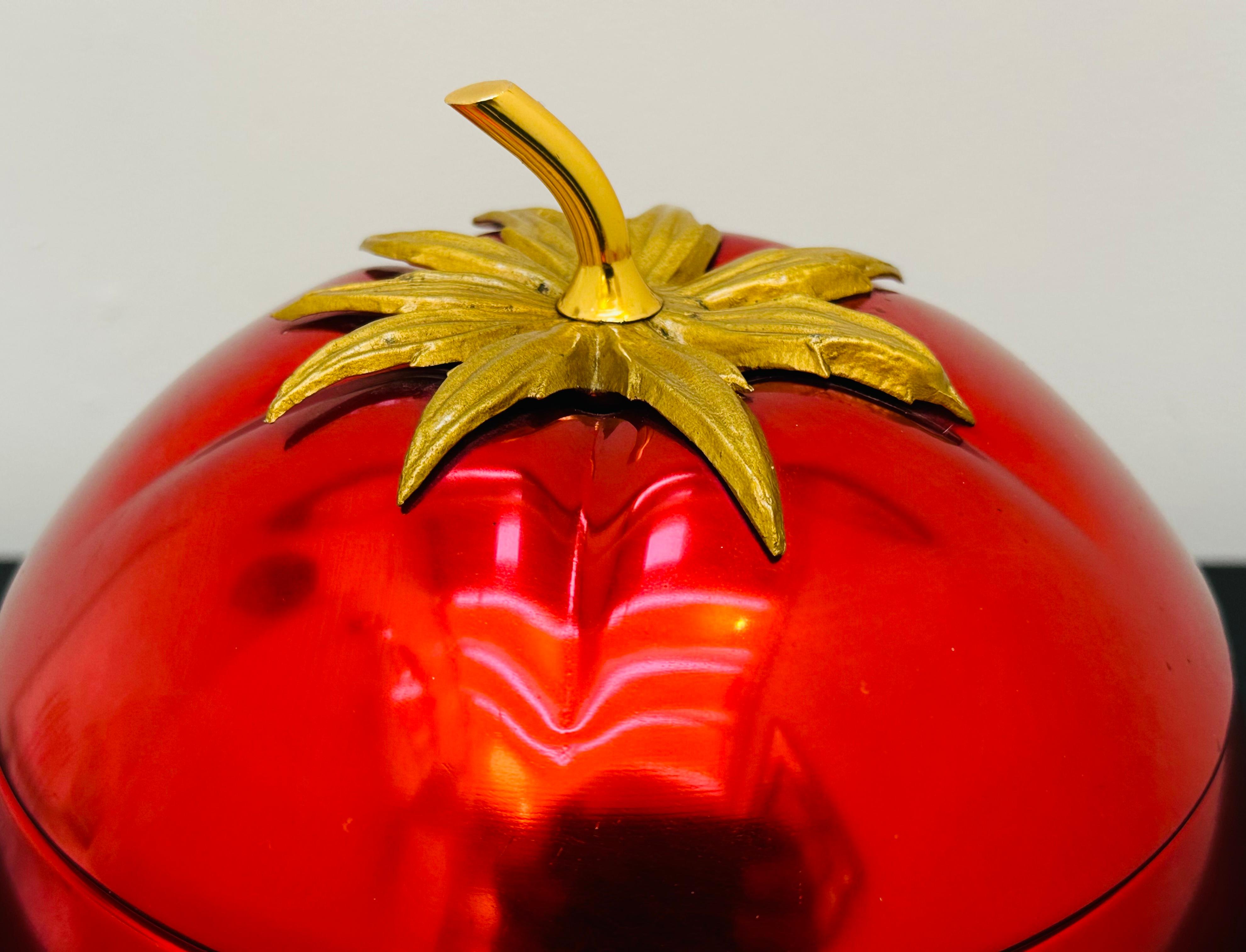 French 1970s Vibrant Red Anodised Aluminium & Brass Tomato Shaped Ice Bucket 11