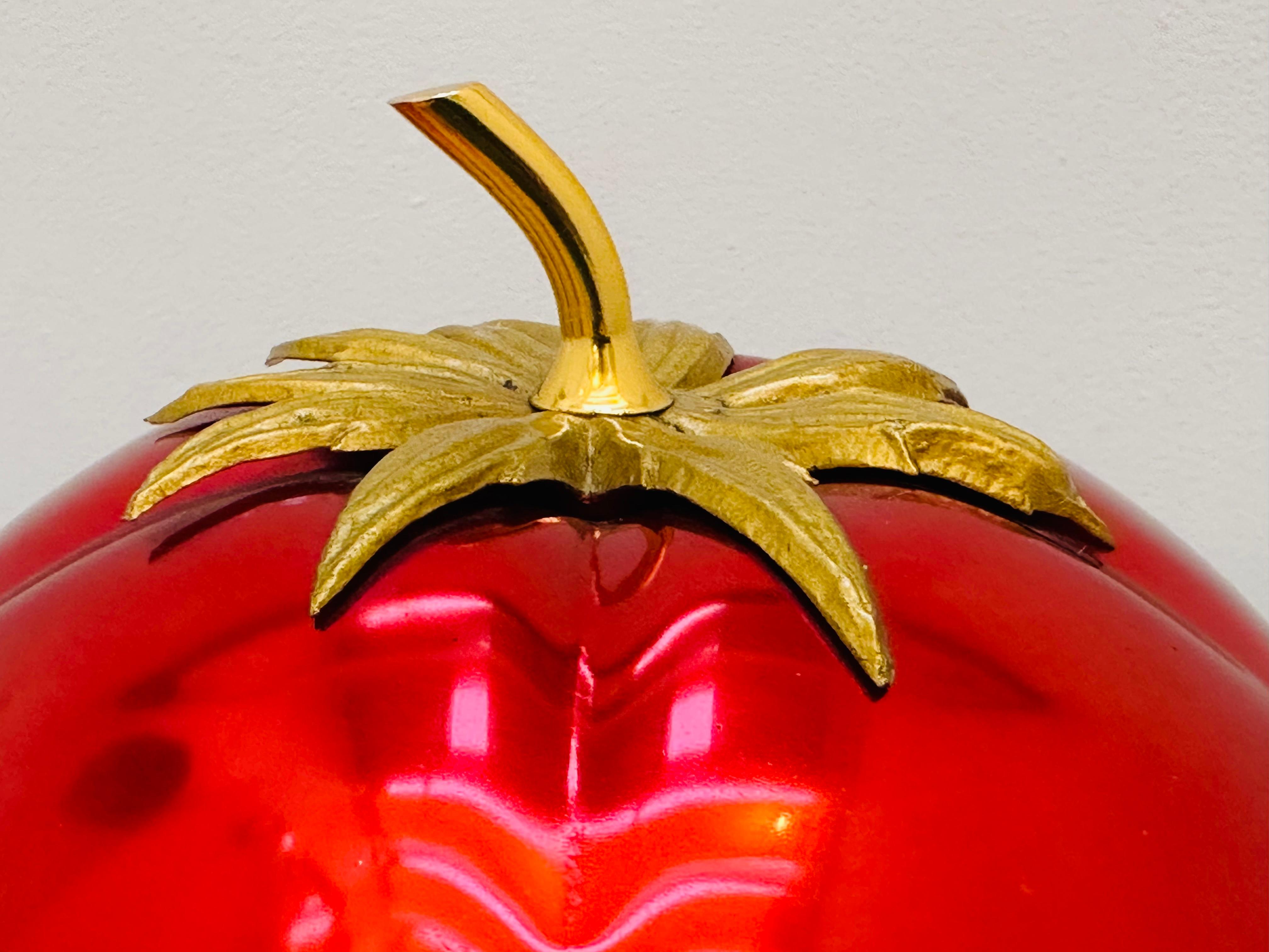 French 1970s Vibrant Red Anodised Aluminium & Brass Tomato Shaped Ice Bucket 12