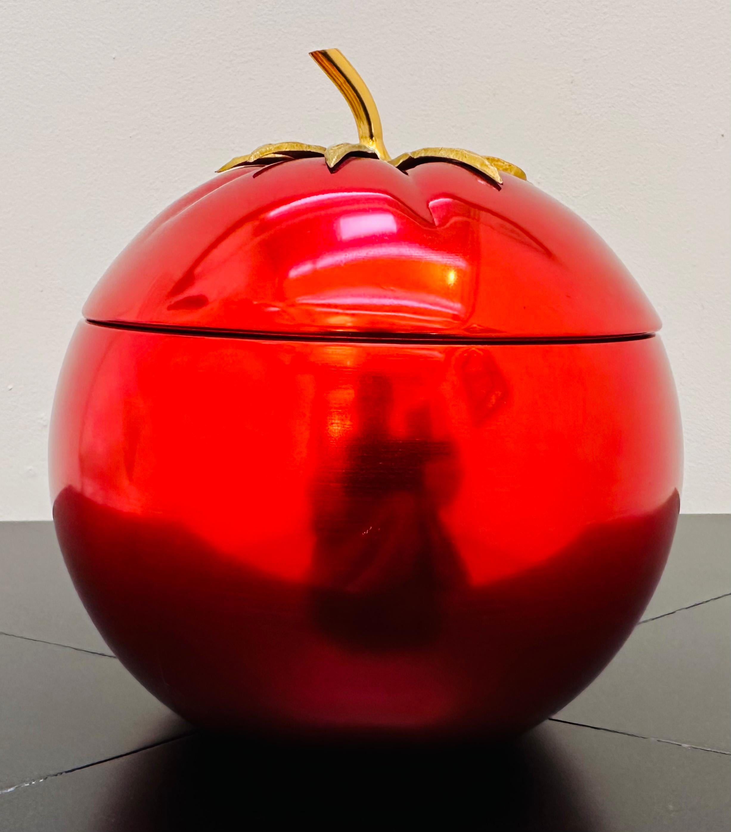 Hollywood Regency French 1970s Vibrant Red Anodised Aluminium & Brass Tomato Shaped Ice Bucket